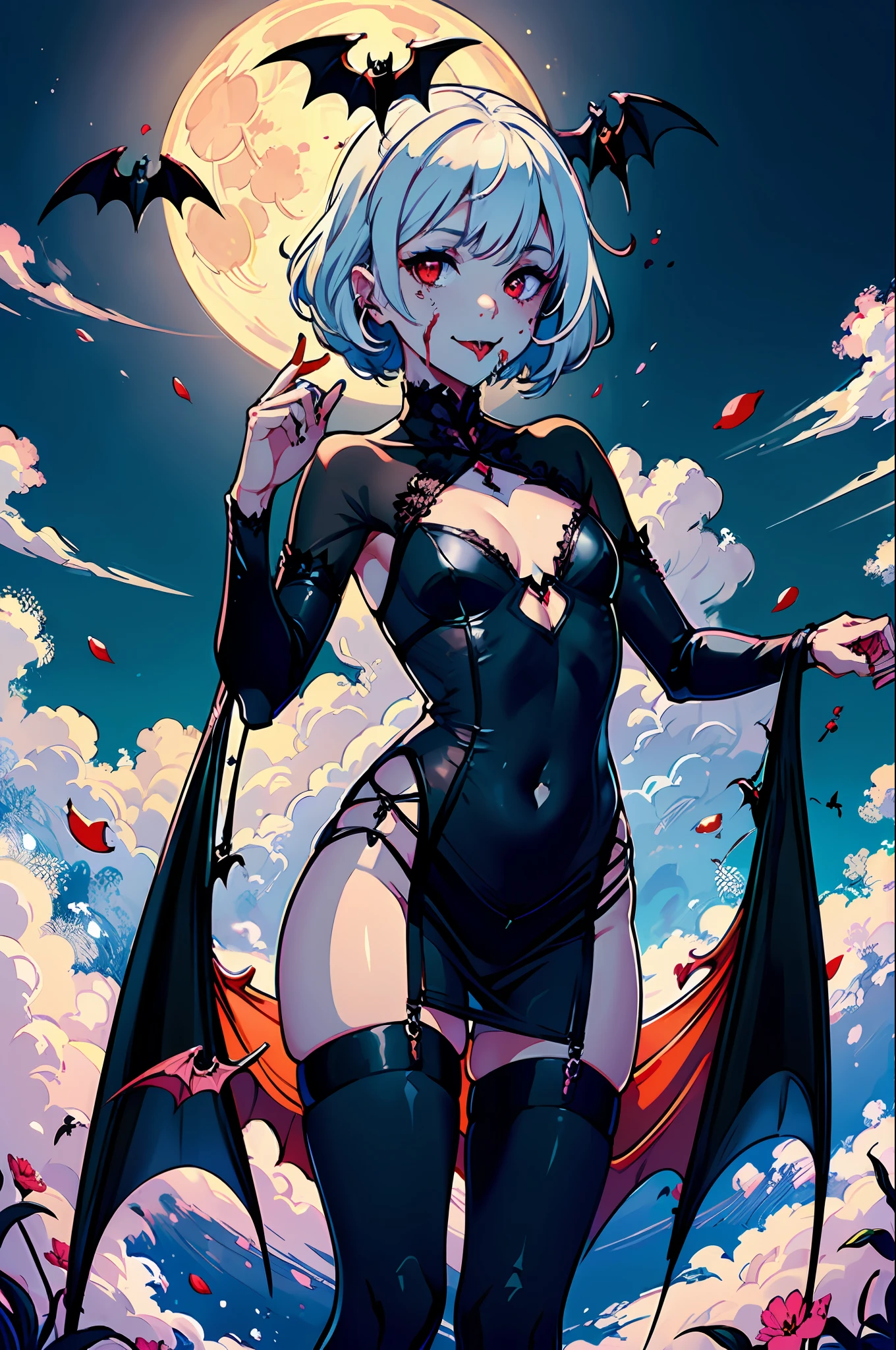 masterpiece, best quality,
1girl, (colorful),(finely detailed beautiful eyes and detailed face),cinematic lighting,bust shot,((young, petite, flat chest)),extremely detailed CG unity 8k wallpaper,white hair,red eyes,solo,smug smile,intricate skirt,((bat lingerie, revealing outfit, sheer clothing, see-through clothing, cutout clothing, skintight)), ((vampire fangs, blood dripping from mouth, licking fingers)), ((flying petal)),(Flowery meadow)
sky, cloudy_sky, building, moonlight, moon, night, (dark theme:1.3), light, fantasy,