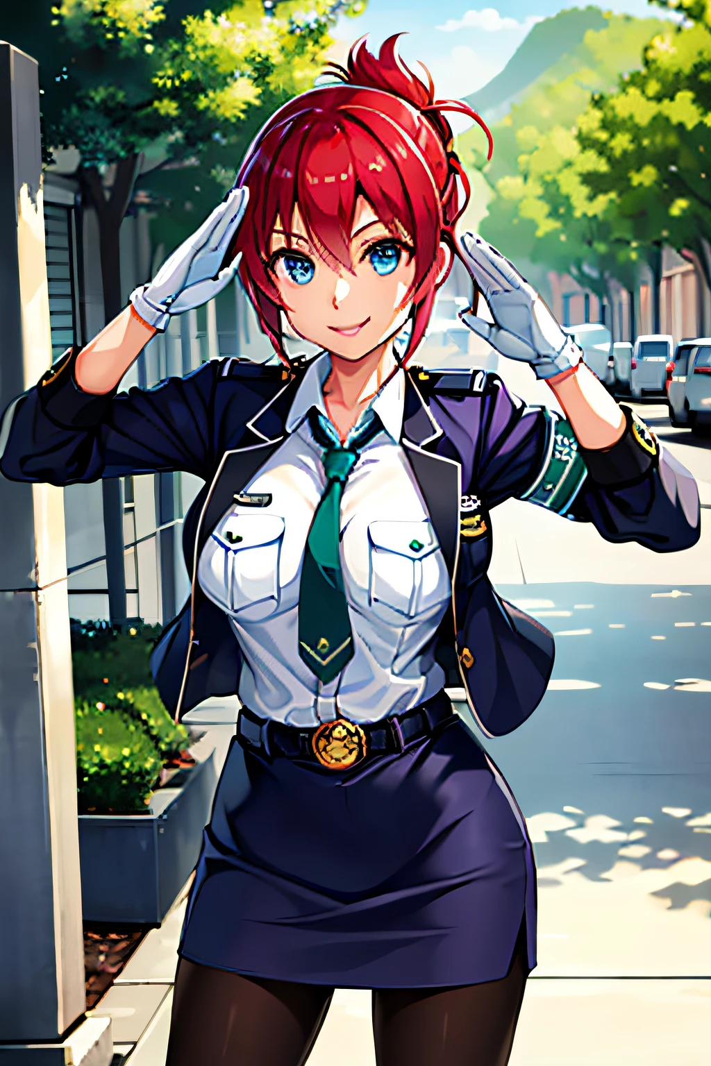 best quality, highres, aoi1, 1girl, solo, red hair, folded ponytail, blue eyes, skirt, necktie, white gloves, police uniform, belt, black pantyhose, jacket, armband, large breasts, cowboy shot, standing, smile, salute, outdoors,