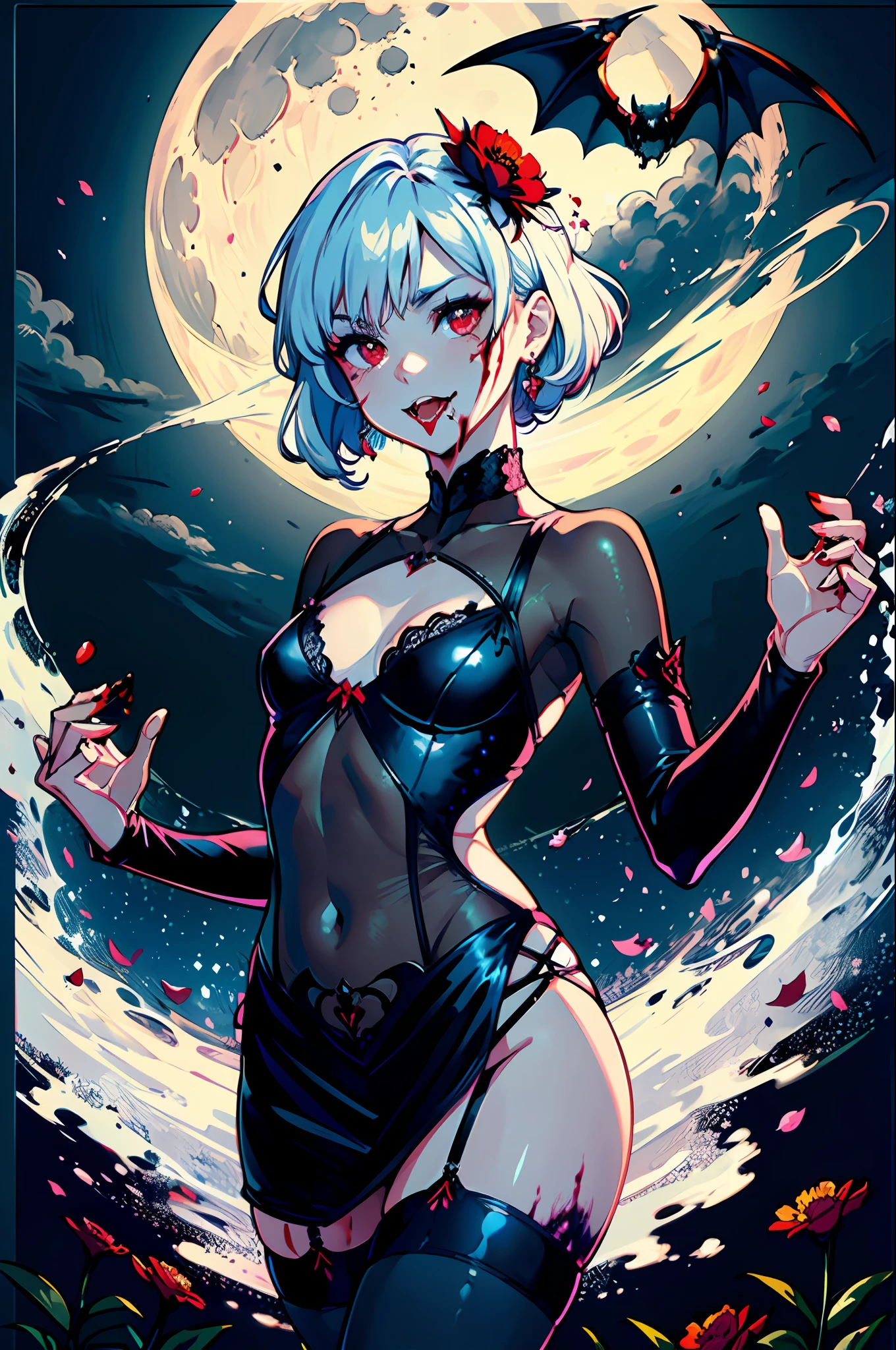 masterpiece, best quality,
1girl, (colorful),(finely detailed beautiful eyes and detailed face),cinematic lighting,bust shot,((young, petite, flat chest)),extremely detailed CG unity 8k wallpaper,white hair,red eyes,solo,smug smile,intricate skirt,((bat lingerie, revealing outfit, sheer clothing, see-through clothing, cutout clothing, skintight)), ((vampire fangs, blood dripping from mouth, licking fingers)), ((flying petal)),(Flowery meadow)
sky, cloudy_sky, building, moonlight, moon, night, (dark theme:1.3), light, fantasy,