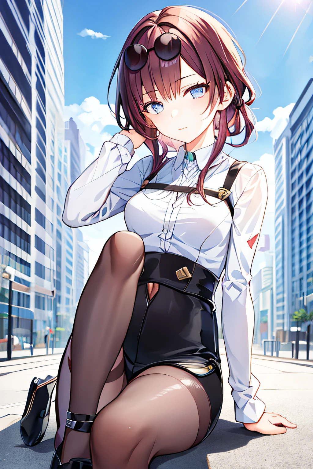 best quality, highres, aoi1, 1girl, solo, red hair, folded ponytail, blue eyes, skirt, necktie, white gloves, police uniform, belt, black pantyhose, jacket, armband, large breasts, cowboy shot, standing, smile, salute, outdoors,