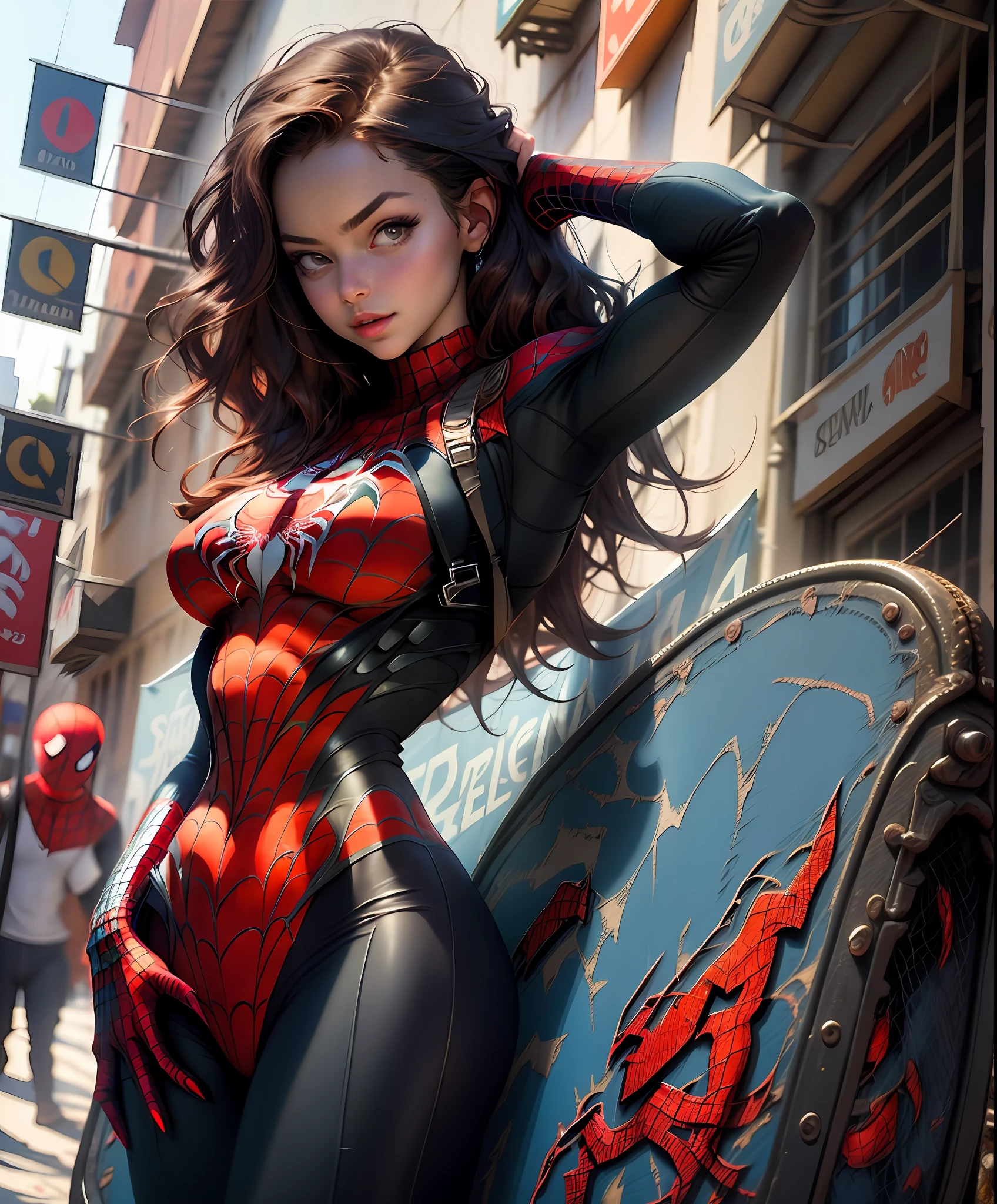 Raw foto,Beautiful woman ,detailed the outlined body with Spider-Man cosplay, very large breasts,tits big