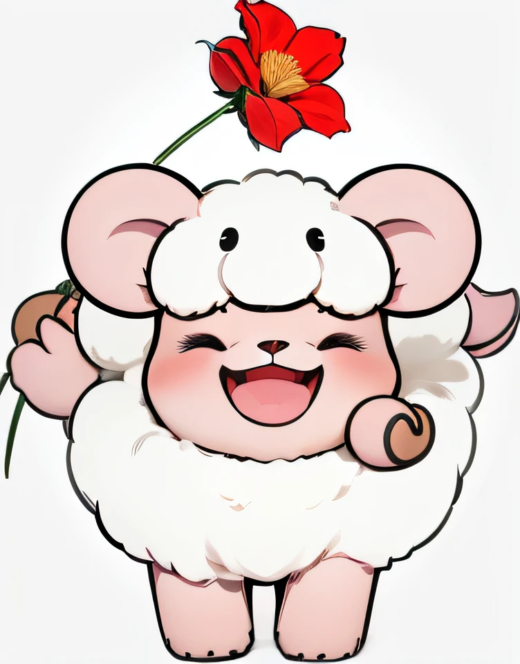 In a sea of pink roses,There is a white lamb,Pink mouth,Happy laughter,The front hooves stand anthropomorphically,Holding a rose,Lamb and man combined with realism --auto