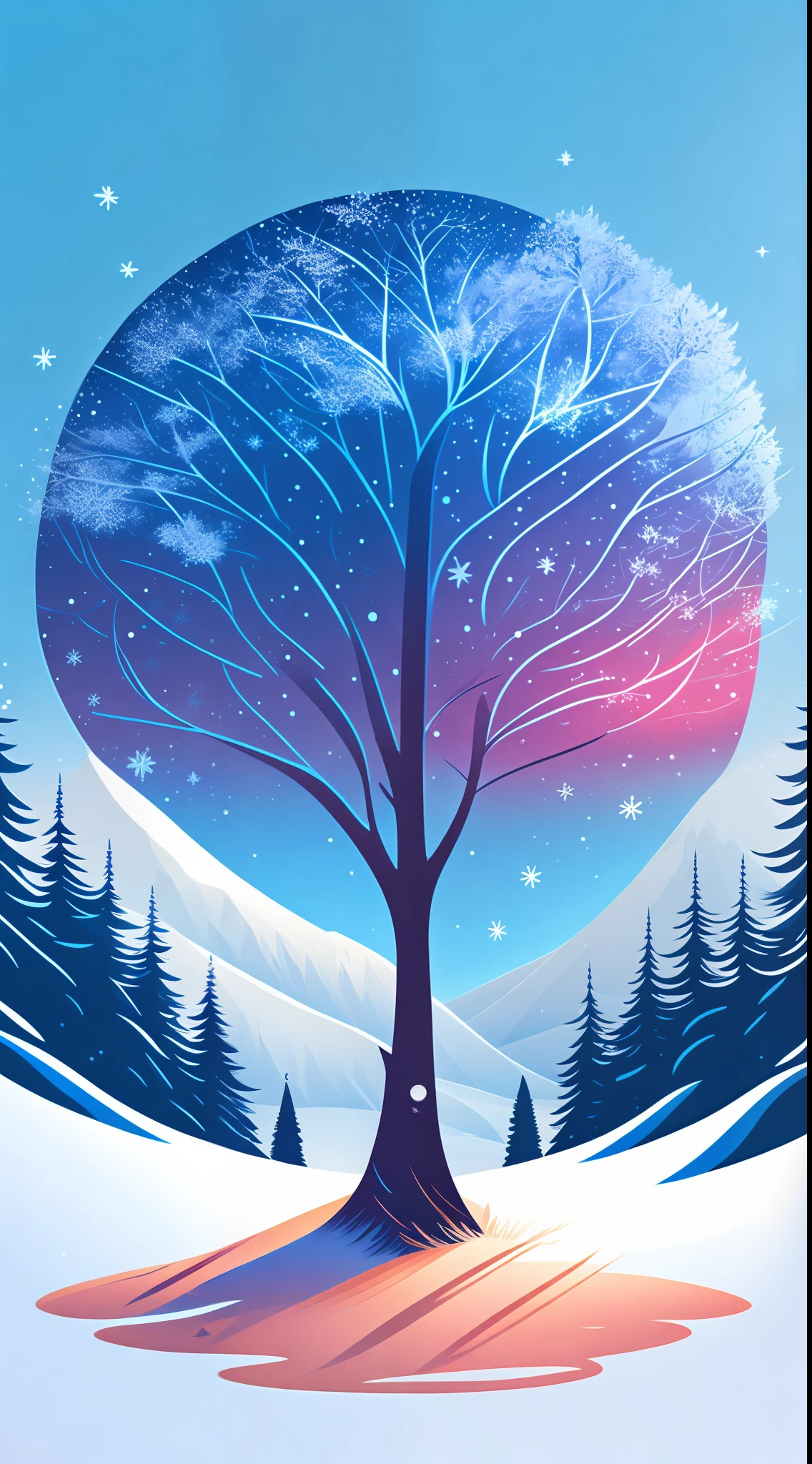 a spruice tree in a winter landscape, tshirt design, rzminjourney, vector-art