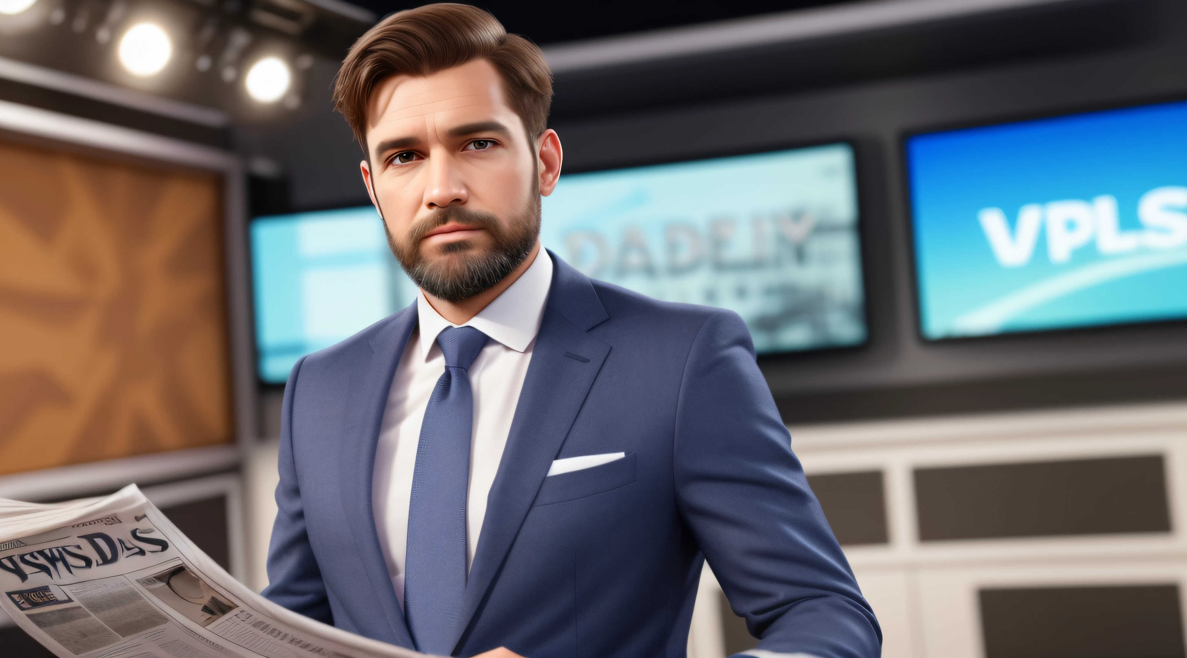 man in a suit with short hair and a wispy beard presenting a daily newspaper in a television studio, ultra realistic, 4k,