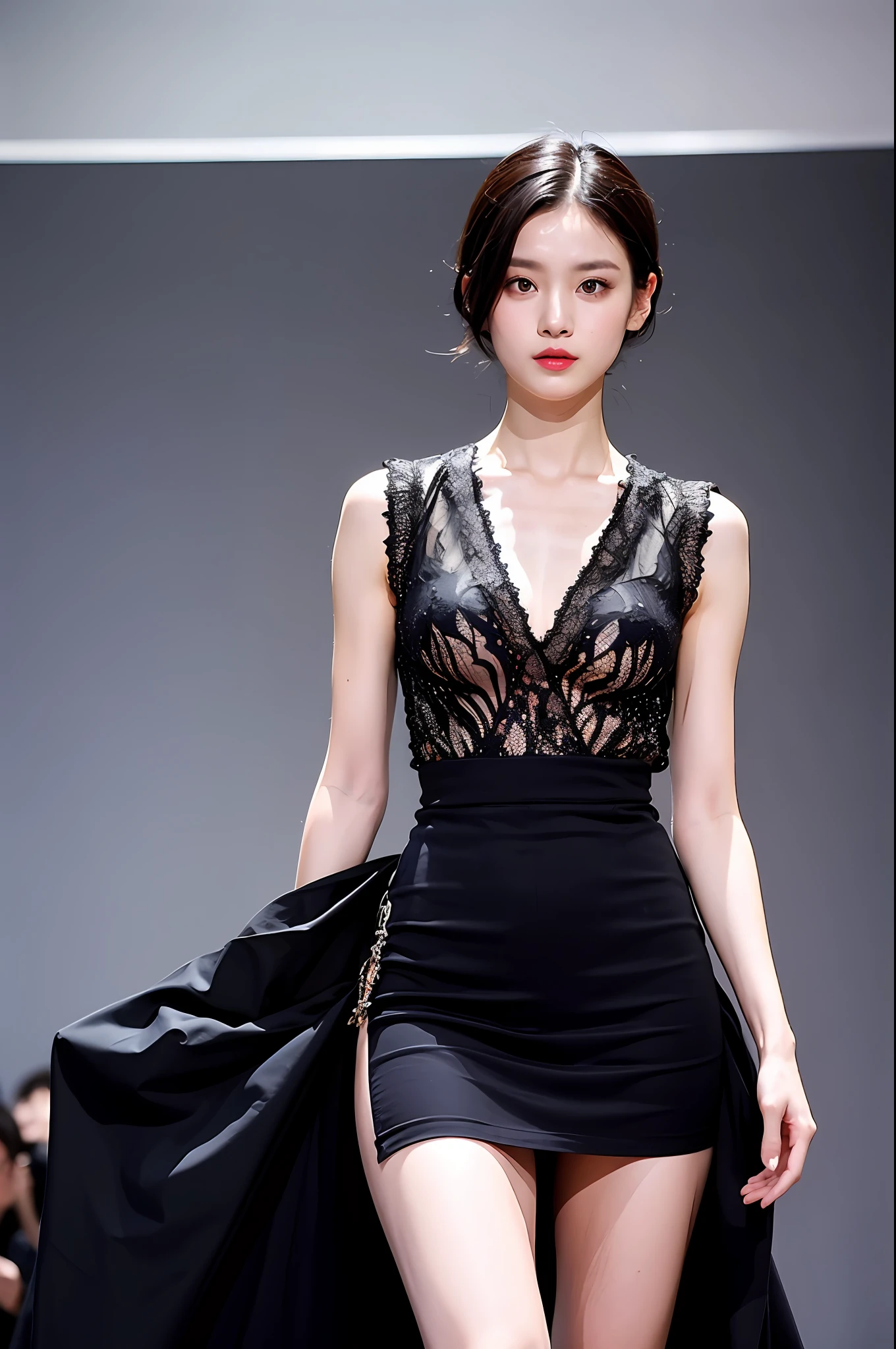 (Highly detailed body,Highly detailed face,the best quality:1.2) ,a woman with,Look at viewers,(One-piece black hip wrap skirt)(Big 1.2),(Middle of the catwalk:1.2)