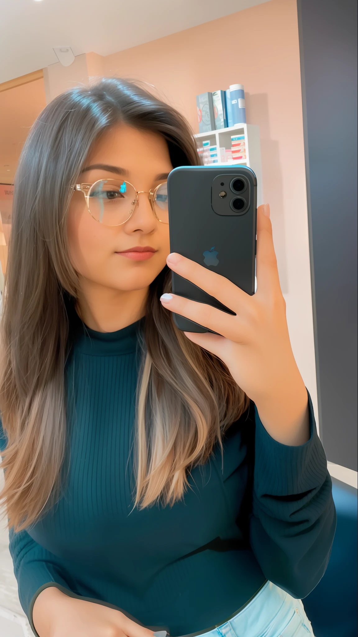there is a woman taking a selfie in a store, iphone selfie, selfie of a young woman, 🤬 🤮 💕 🎀, 18 years old, girl with glasses, mirror selfie, 8k selfie photograph, wearing square glasses, girl wearing round glasses, shot on iphone 1 3 pro max, portait photo profile picture, !!wearing modern glasses!!