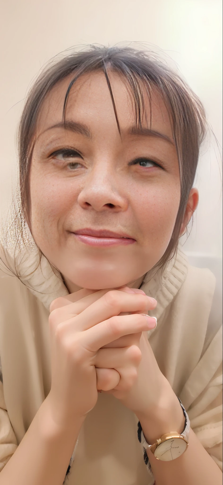 there is a woman that is sitting down with her hands on her chin, young cute wan asian face, warm and gentle smile, Young adorable Korean face, 奈良美智, clear cute face, chiho, with small nose, smiling and looking directly, without makeup, face is brightly lit, cute - fine - face