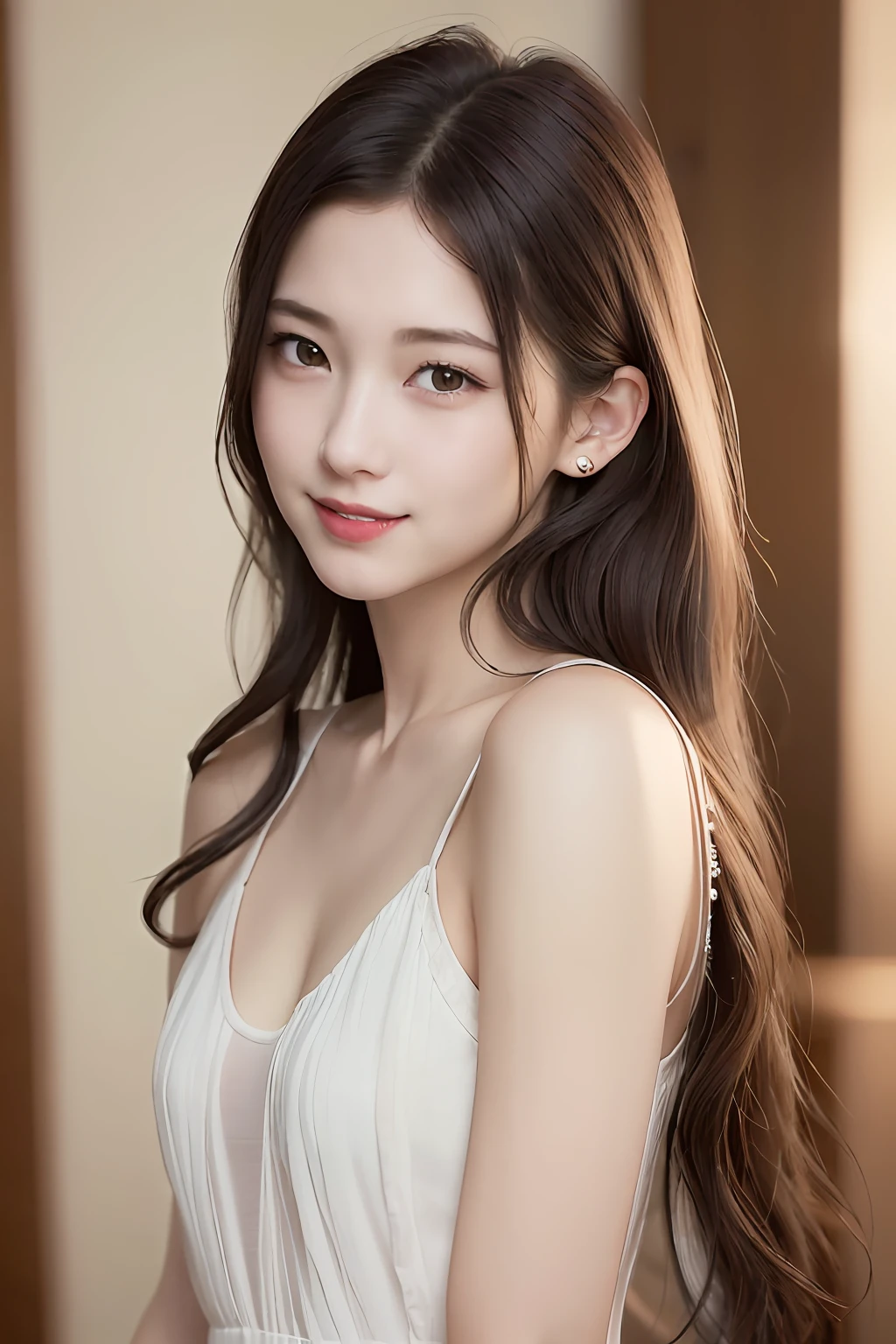 (8K, Best Quality, Masterpiece: 1.2), (Realistic, Photorealistic: 1.37), Super Detail, 1 Girl, Pretty, Solo, (Red Nose), (Smile: 1.15), (Mouth Closed) ) small breasts, beautiful eyes, (long hair: 1.2), floating hair Novafrog style, upper body