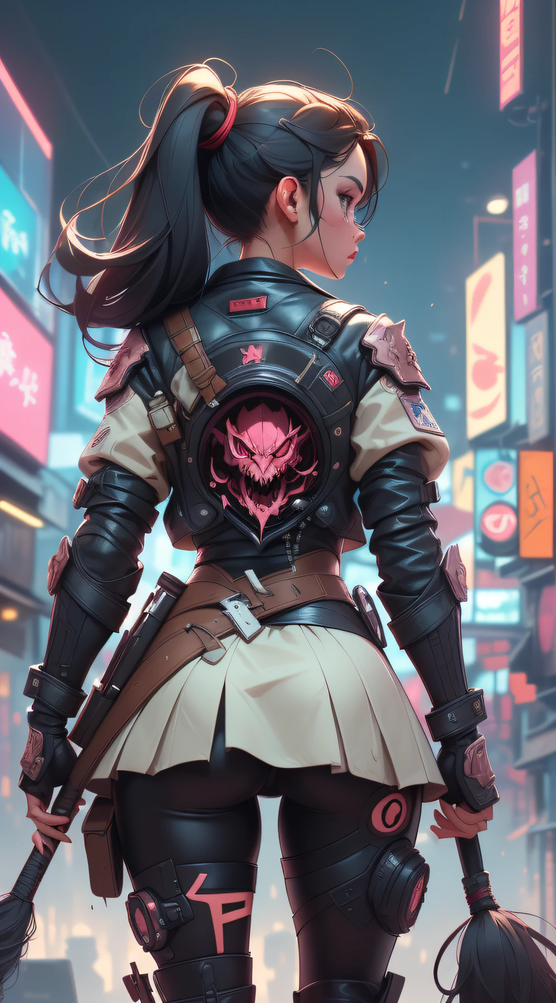 (masterpiece, best quality:1.4), 
(badass, battle stanse:1.2), epic, from behind,
1girl, solo, japanese school girl holding broom, japanese school girl, broom, standing against dragon, red dragon, detailed background, wind, (cyberpunk city:1.2),  street