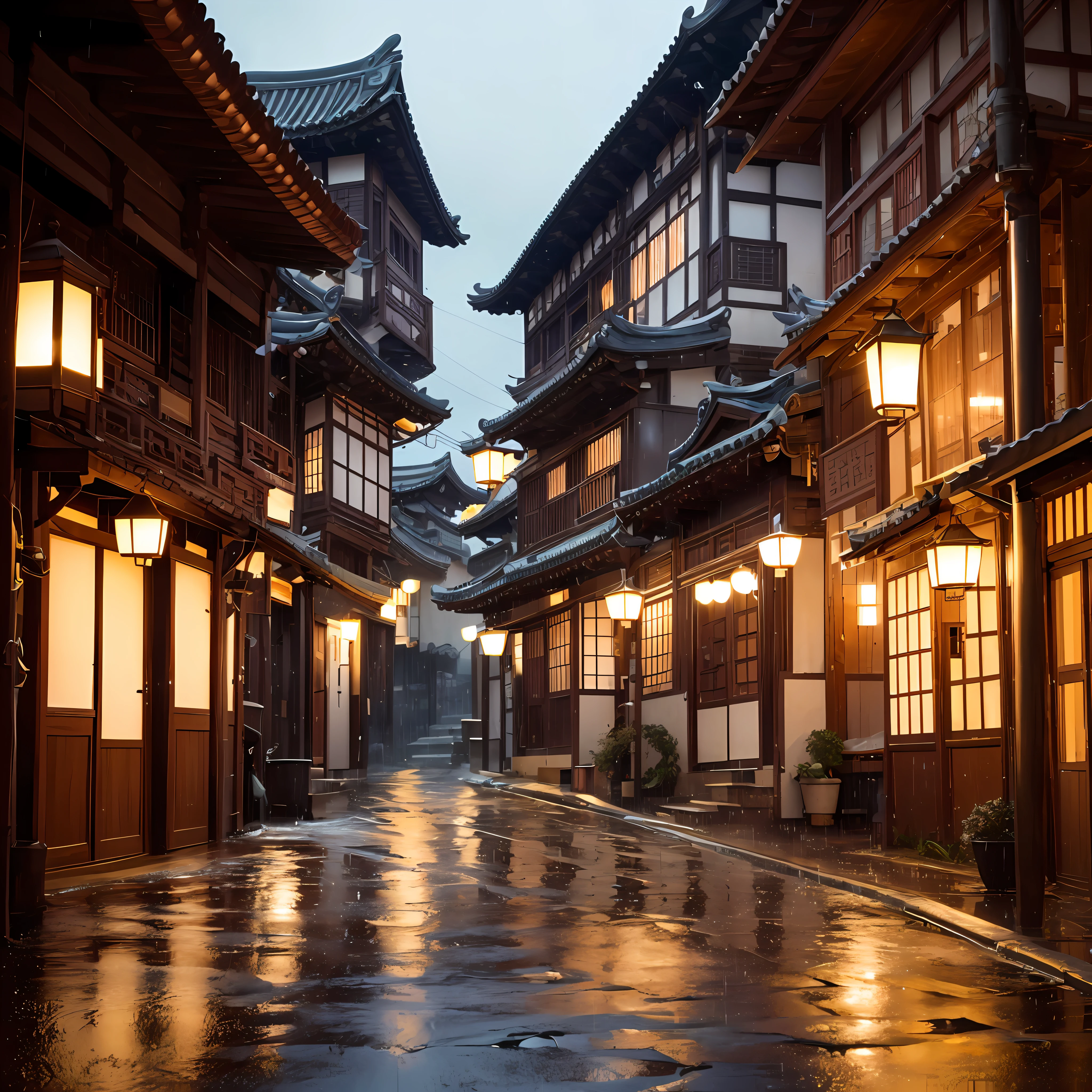 arafed view of a village with a lot of lights on the buildings, dreamy chinese town, chinese village, amazing wallpaper, japanese town, japanese village, hyper realistic photo of a town, old asian village, japanese city, by Raymond Han, rainy evening, cyberpunk chinese ancient castle, beautifully lit buildings, at evening during rain, beautiful and aesthetic, photography, cinematic, 8k, high detailed ((Heavy rain))) --auto