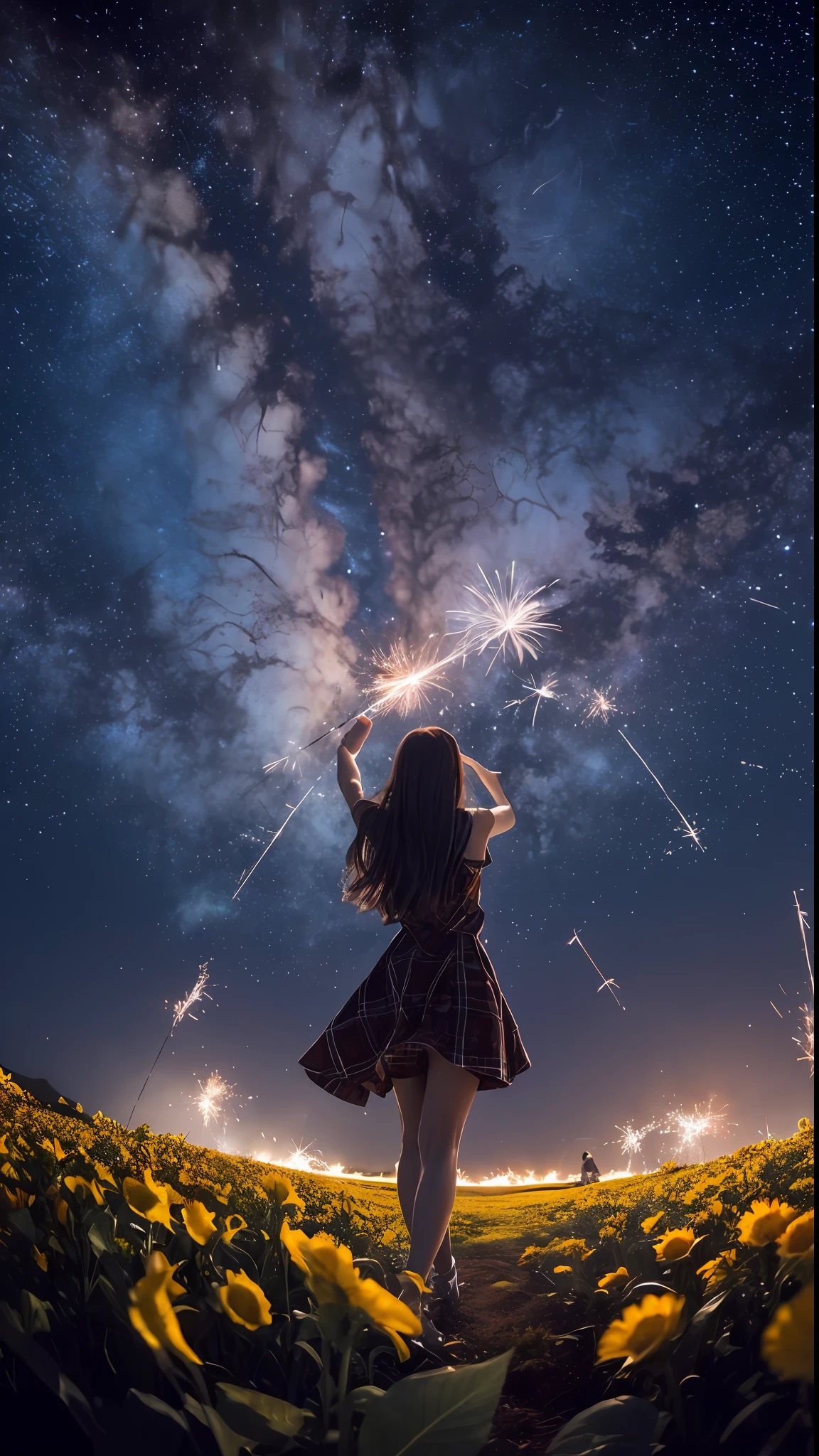 Vast landscape photos、(The sky is up as seen from below、The field is down)、Girl standing in a flower garden and looking up、(sparklers:1.2)、(meteors:0.9)、(nebulas:1.3)、mountain in the distance々、The tree々 BREAK Craft Art、(warm light:1.2)、(fireflys:1.2)、lights、Lots of Purples and Oranges、intricate detailes、voluminous lighting、Realism BREAK(Master Pieces: 1.2), (Top image quality), 4k, The ultra-detailliert, (Dynamic composition: 1.4), richly detailed, Colorful Detail, (Rainbow Color: 1.2), (Glow Lighting, Atmosphere Lighting), dream-like, Magical, (独奏: 1.2)