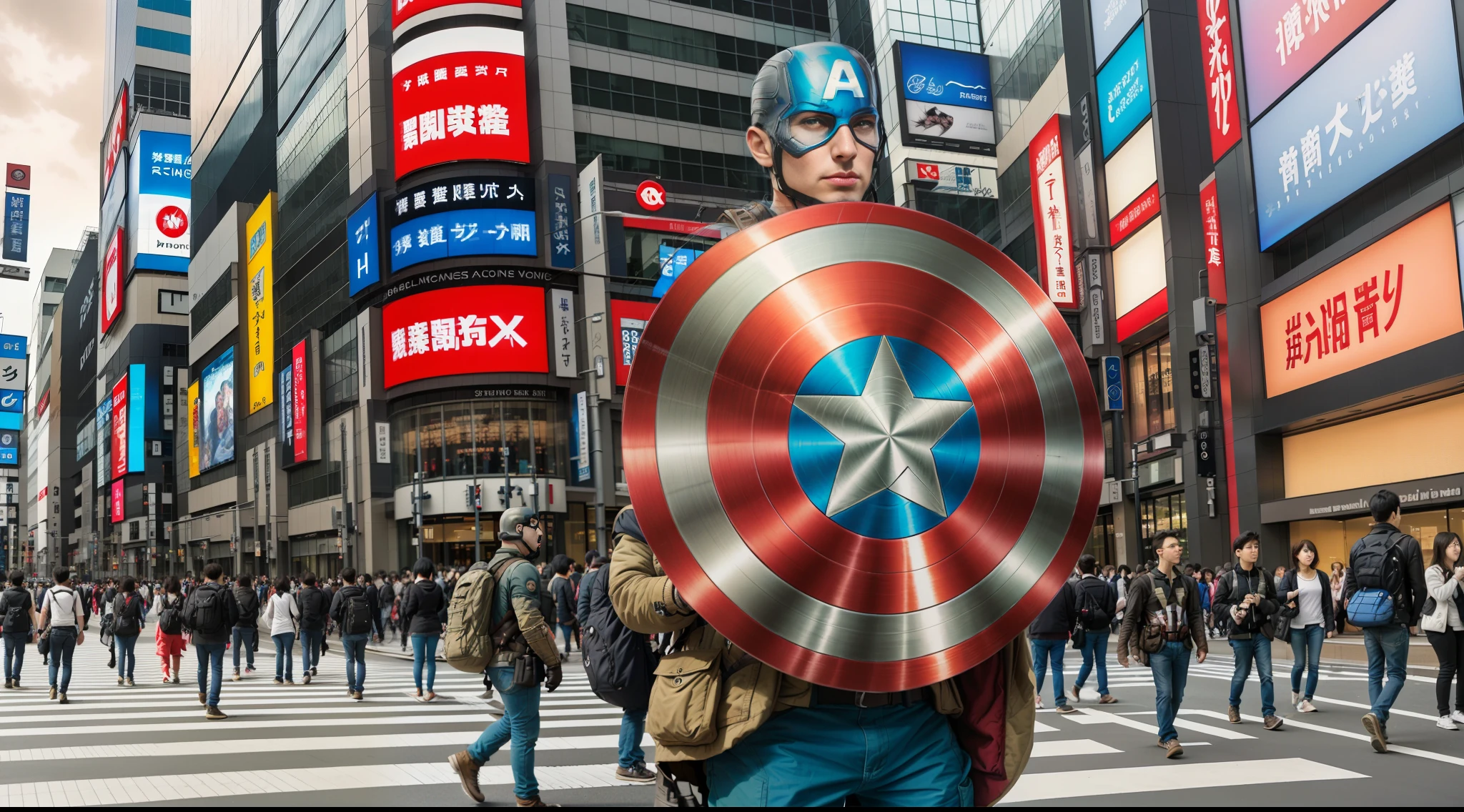 Captain America, a character from the Marvel Universe, is walking on the streets of Ginza, Tokyo, Japan. Ginza is a bustling area known for its futuristic vibe and vibrant atmosphere. The sun shines brightly as Captain America moves forward, capturing the attention of onlookers. The entire scene is presented in high-definition 8K resolution, offering a clear and detailed frontal perspective.