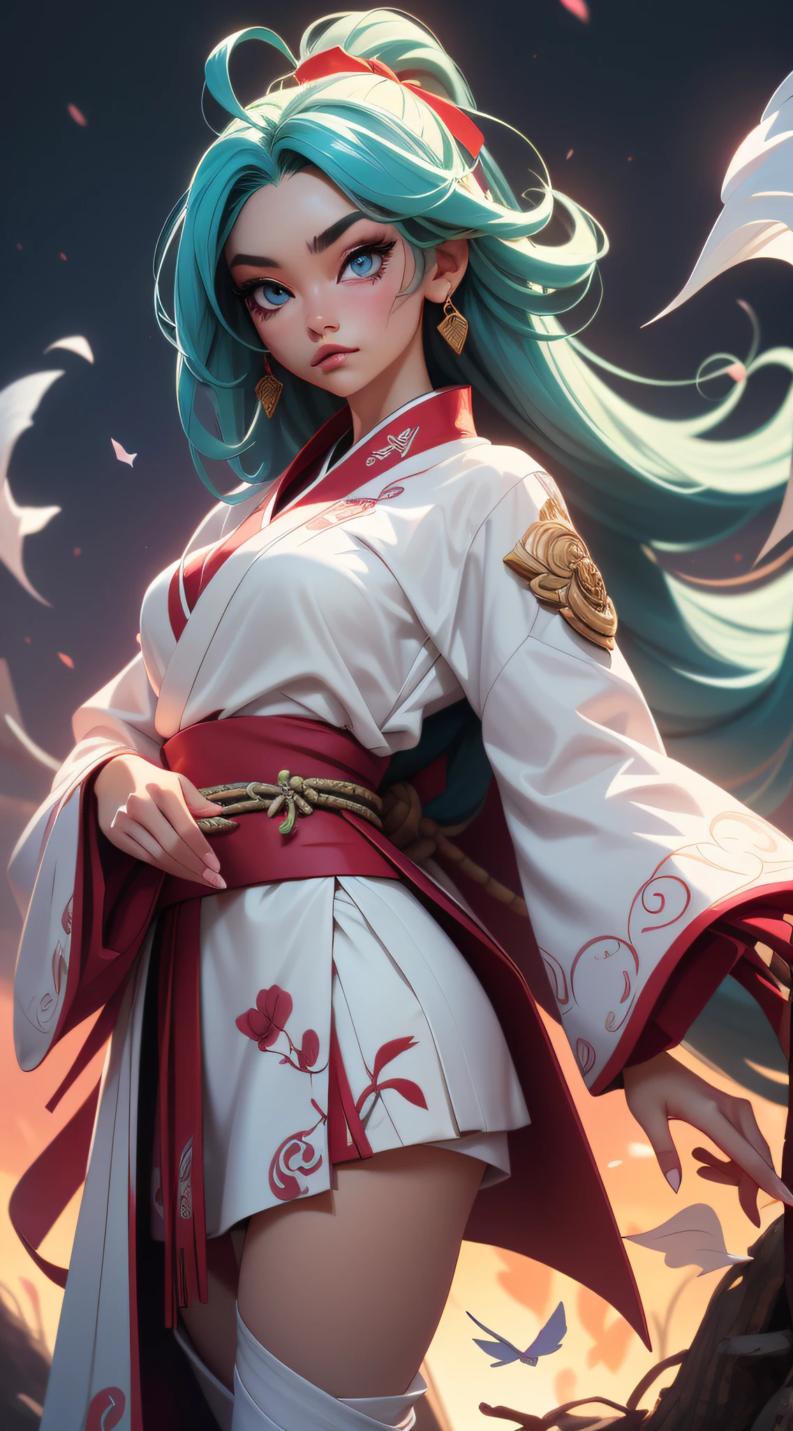 An exquisite and highly detailed masterpiece featuring a beautiful samurai girl in a dynamic pose wearing traditional white wuxia clothes with a neck ribbon. Her gorgeous, blue eyes are accentuated by her multicolored and silver-red-purple-yellow-green hair, complemented by a dynamic angle and floating cloud in a twilight setting.