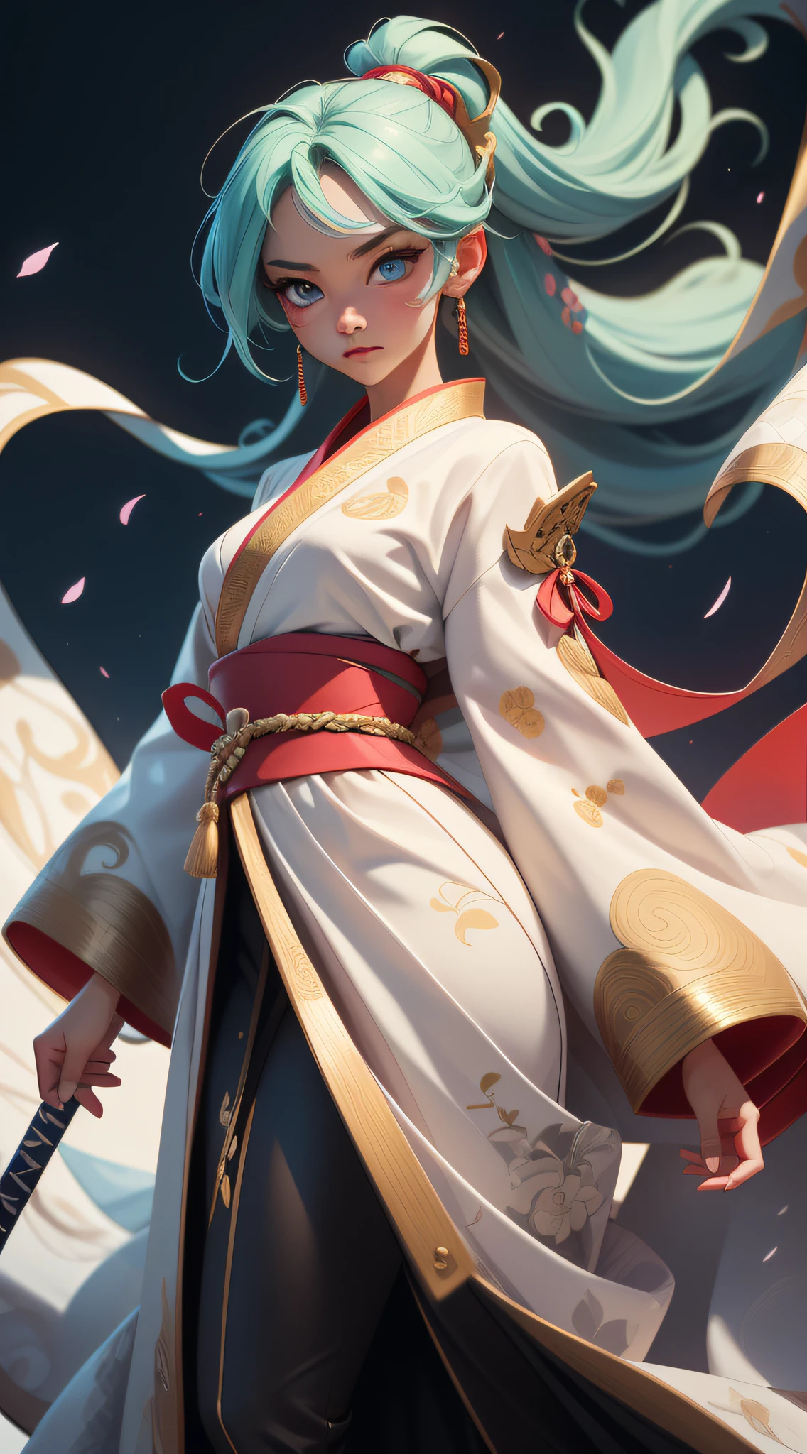 An exquisite and highly detailed masterpiece featuring a beautiful samurai girl in a dynamic pose wearing traditional white wuxia clothes with a neck ribbon. Her gorgeous, blue eyes are accentuated by her multicolored and silver-red-purple-yellow-green hair, complemented by a dynamic angle and floating cloud in a twilight setting.