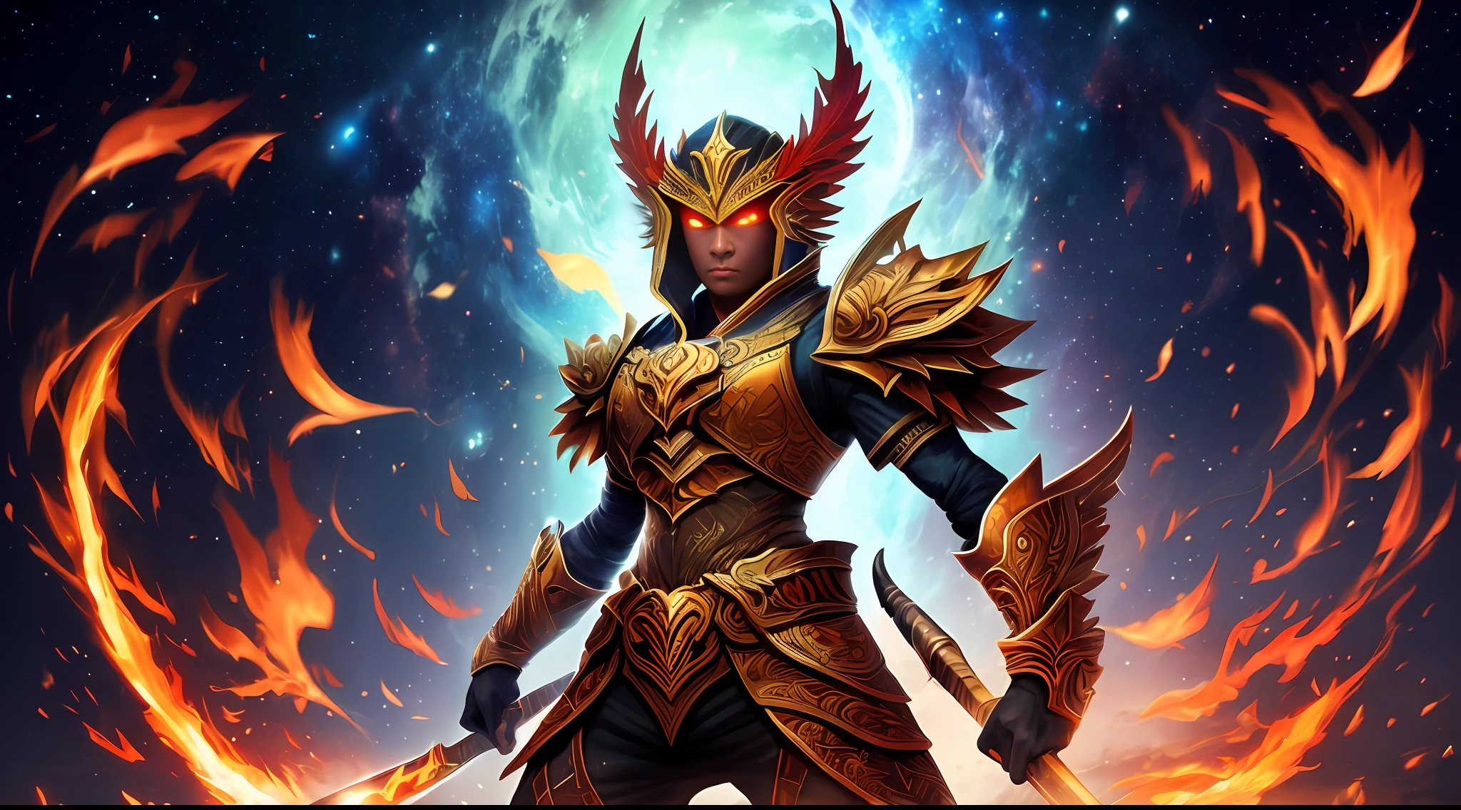 Cartoon, futuristic warrior, red aura, full body, fire daggers, glowing eyes, character detail, leaf and character, galaxy background --auto --s2