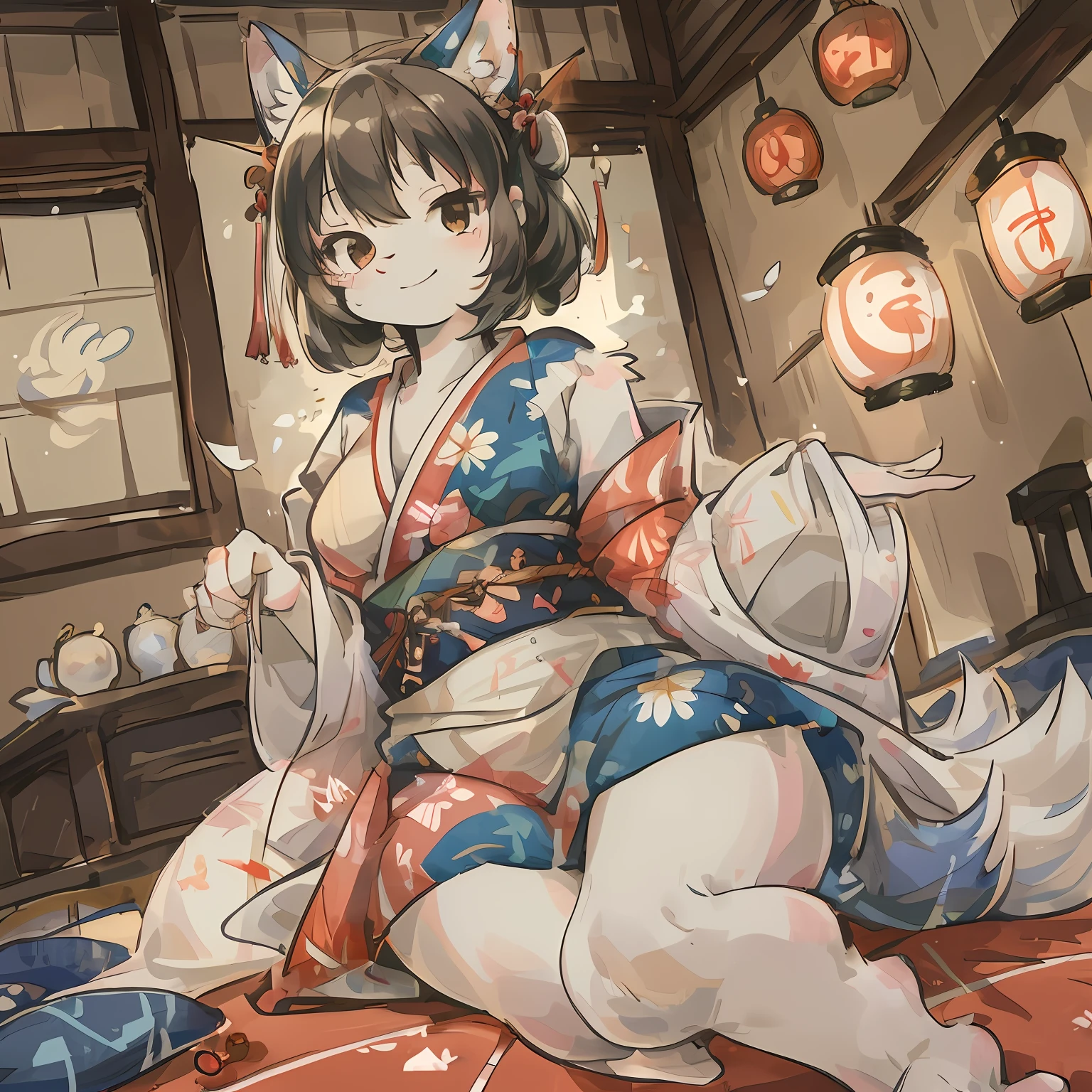 masterpiece, shuimobysim, badashanren, Shukezouma, samurai residence, kimono, katana, tatami mats, lanterns(super cute 1girl, solo, kemono, furry anthro)full body, smile, dynamic angle,