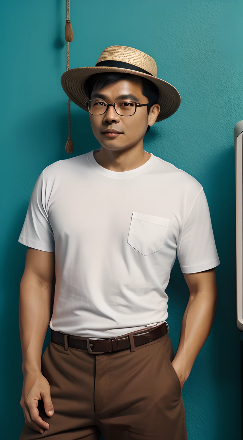 asian man in glasses, white t-shirt and fisherman hat standing next to retro white telephone hanging on blue wall in background, in the style of ultrafine detail, high quality photo