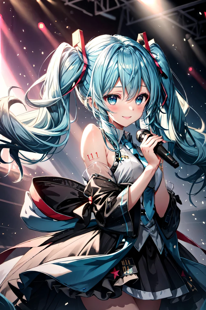 masterpiece, best quality, ultra-detailed, illustration, an extremely delicate and beautiful, five fingers,
1girl, solo, light smile,
Hatsune Miku,twintails,live stage, Particles of Light,