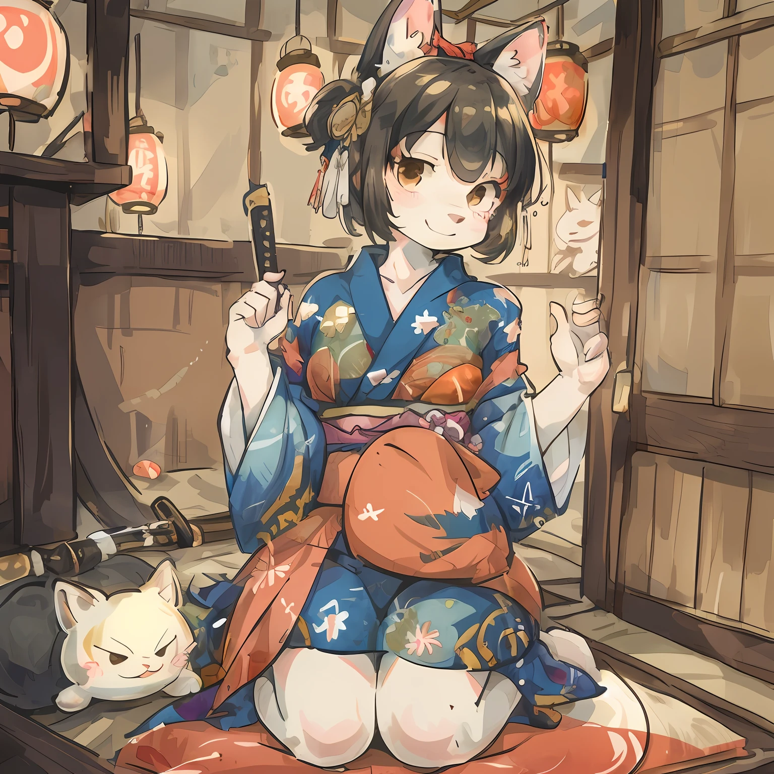masterpiece, shuimobysim, badashanren, Shukezouma, samurai residence, kimono, katana, tatami mats, lanterns(super cute 1girl, solo, kemono, furry anthro)full body, smile, dynamic angle,