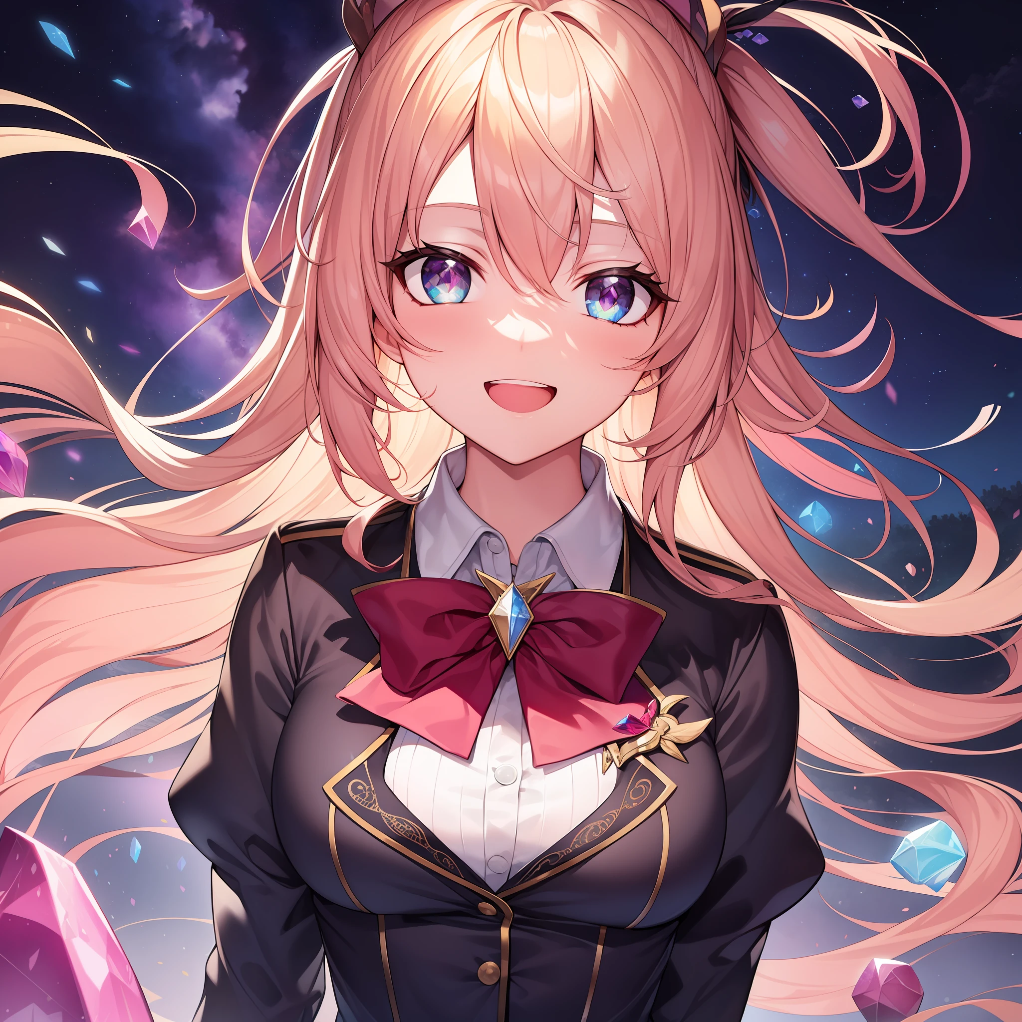 chest out, absurdres, superfine illustration,rainboweffect, highres, ultra detailed,light diffusion,highly detailed light reflection, kaleidoscope, harmonious, best shadow, highly detailed very beautiful big smile face, ;D, beautiful growing crystal diamond star pupil,look at viewer, beautiful detailed hair, solo, dynamic pose, beautiful detailed pink and black ribon, beautiful detailed High school uniform, Fantastic and the whole shines and shooting star and the wind is strong in detail background