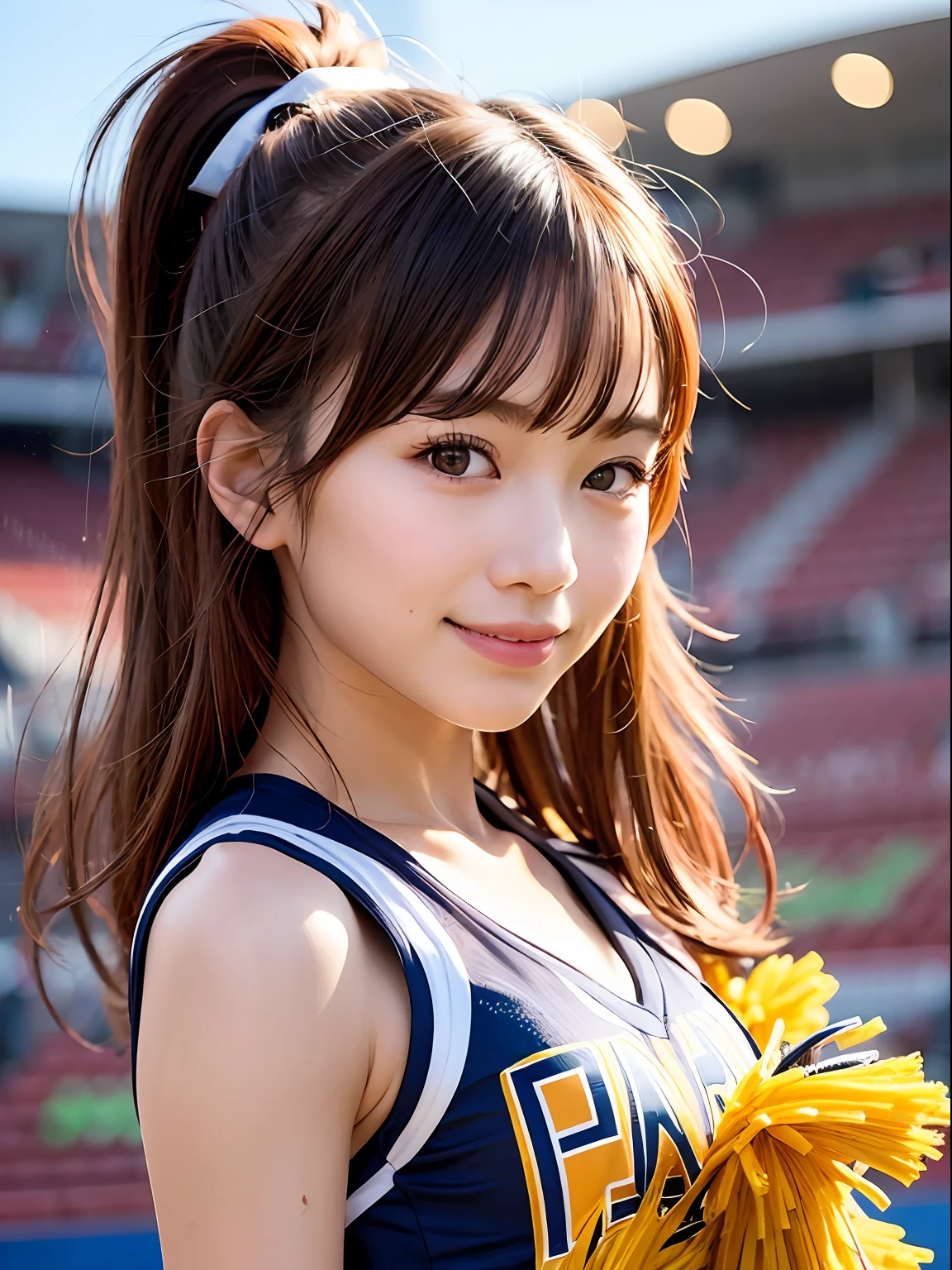 Ala Fed Asian cheerleader holding pom pom in stadium, closeup, closeup, cosplay photo, anime cosplay, small breasts, RAW photo, best quality, high resolution, (masterpiece), (photorealistic:1.4), professional photography, sharp focus, HDR, 8K resolution, intricate details, depth of field, highly detailed cg unity 8k wallpaper, Front Light, NSFW, Woman, Girl, Beautiful Supermodel, Smiling, Slender, Small Cheer Uniform