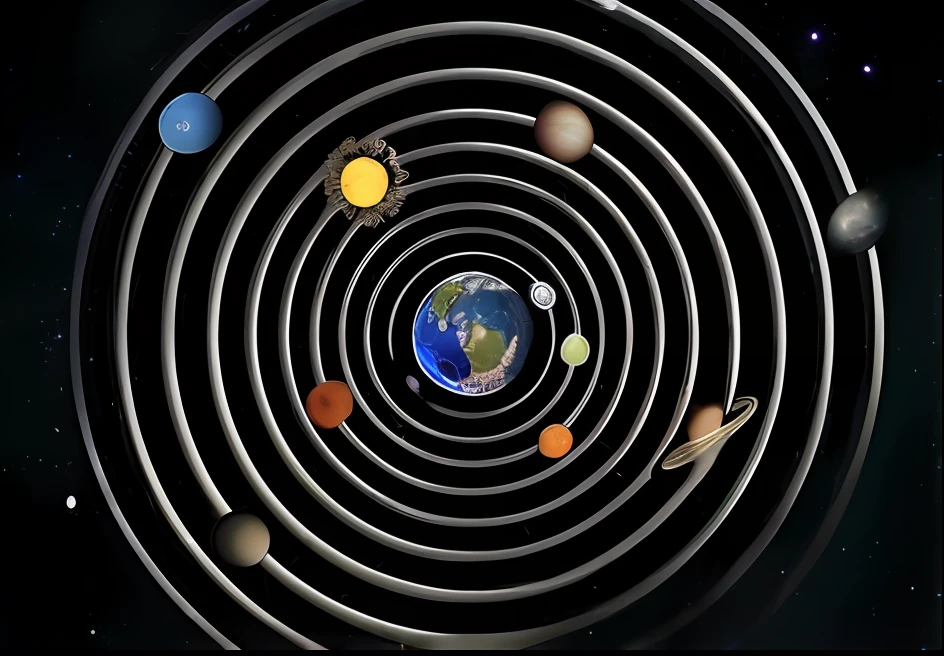 um close up de uma espiral com planetas e sol no meio, planets orbit, sistema solar, liminal space in outer space!!!, Sistema solar coberto, galaxy orbit system, Planets in orbit, cosmologia, planetas se alinham, humanity like cosmic structure, circular planet behind it, centro do universo, astronomia, Cosmologia Oculta Antediluviana