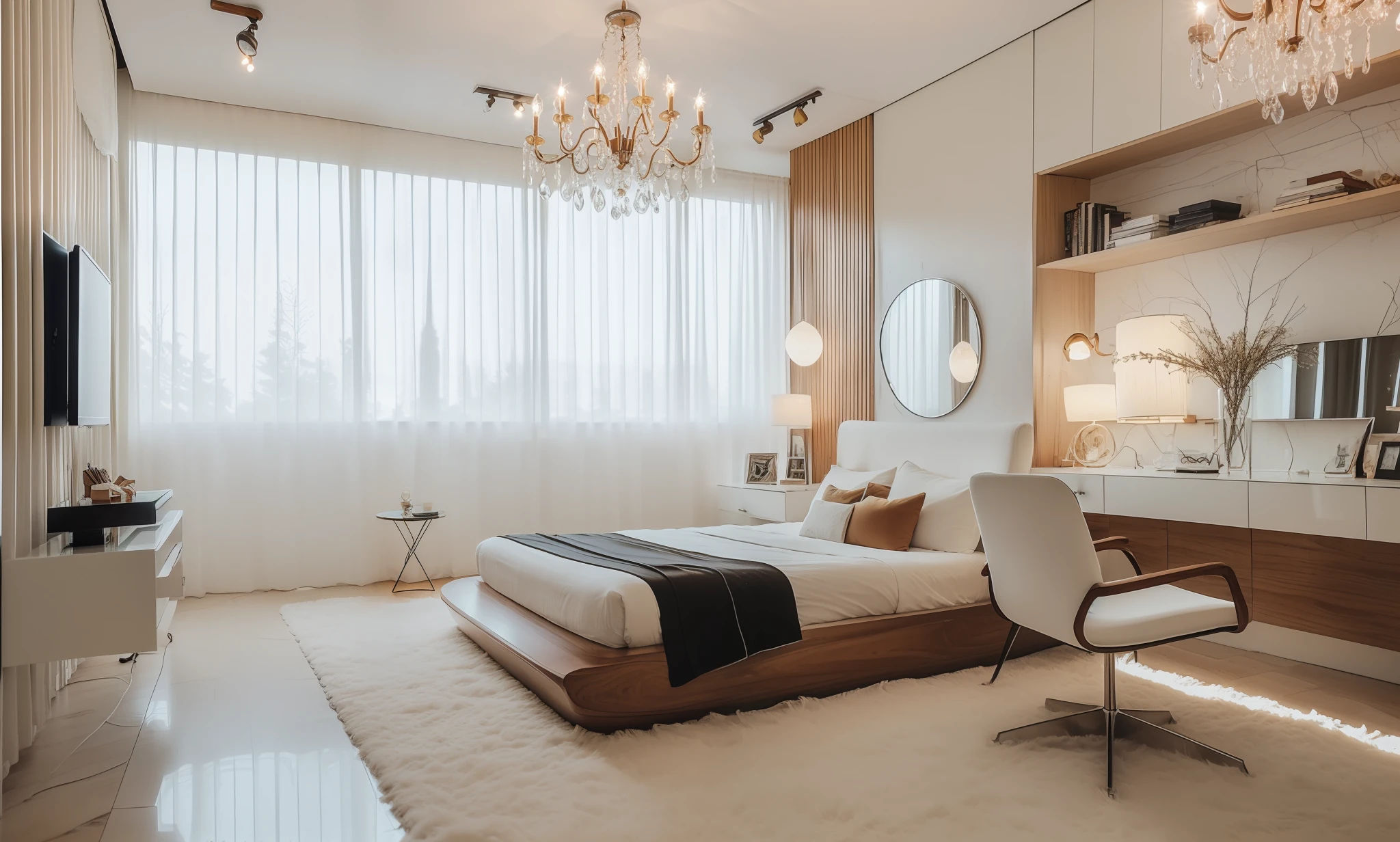 (spectacular landscape:1.1), best quality, super detail,(best quality:1.2, super detail:1.1, inspirational landscape:1.1), best quality, prime detail,  super detailed, ((best lighting, modern bedroom :1.2,with white curtains, vintage chandelier, remove carpet, brown wooden floor, wall by size bed ( glass, solid breck 0,75)