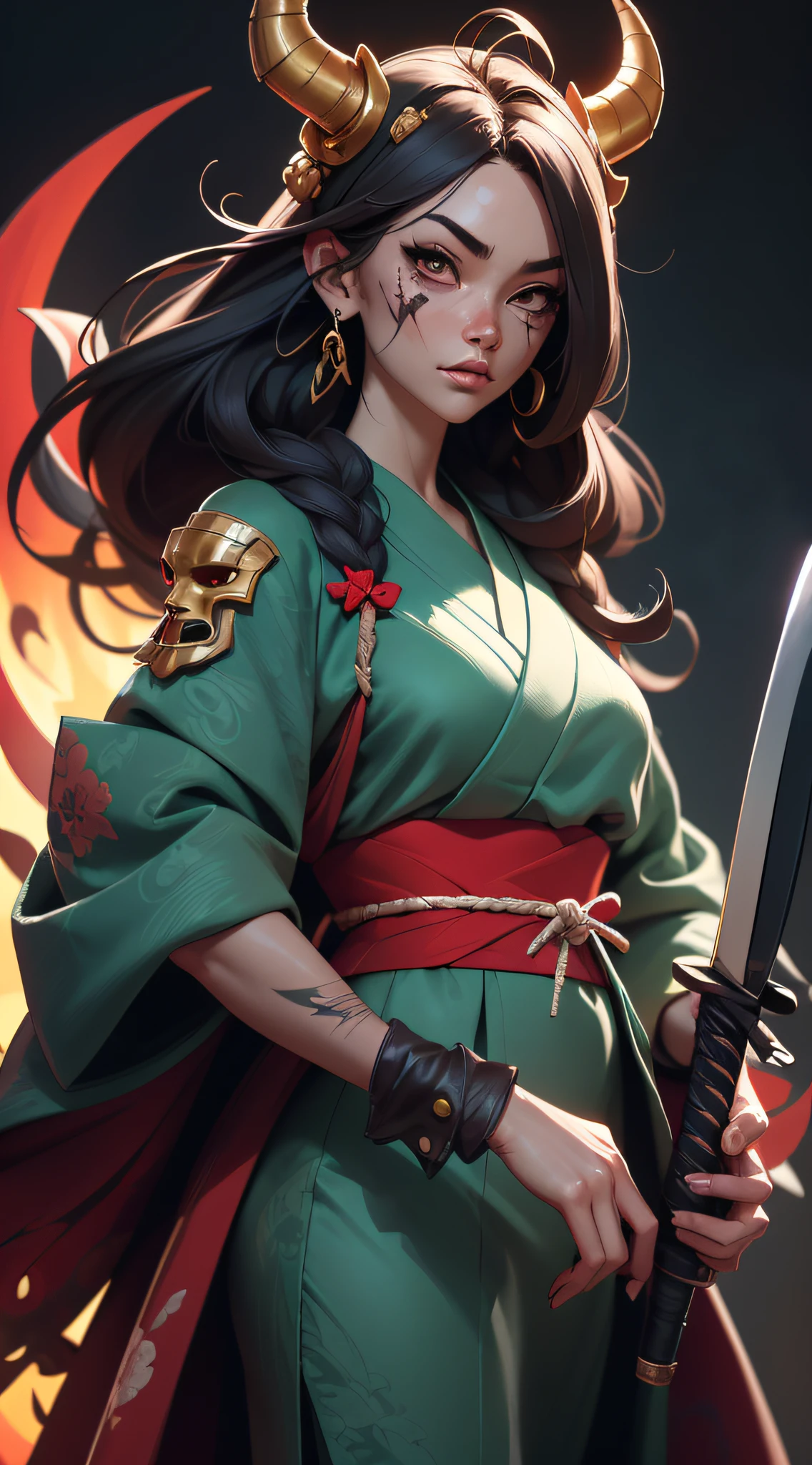 a close up of a person holding a cell phone, samurai with demon mask, james jean aesthetic, perfectly shaded face, grimm, face and skin is dark red, by Nōami, light novel cover art, closeup of a butcher working, scars on his face, inspired by Sōtarō Yasui, beautiful gorgeous digital art