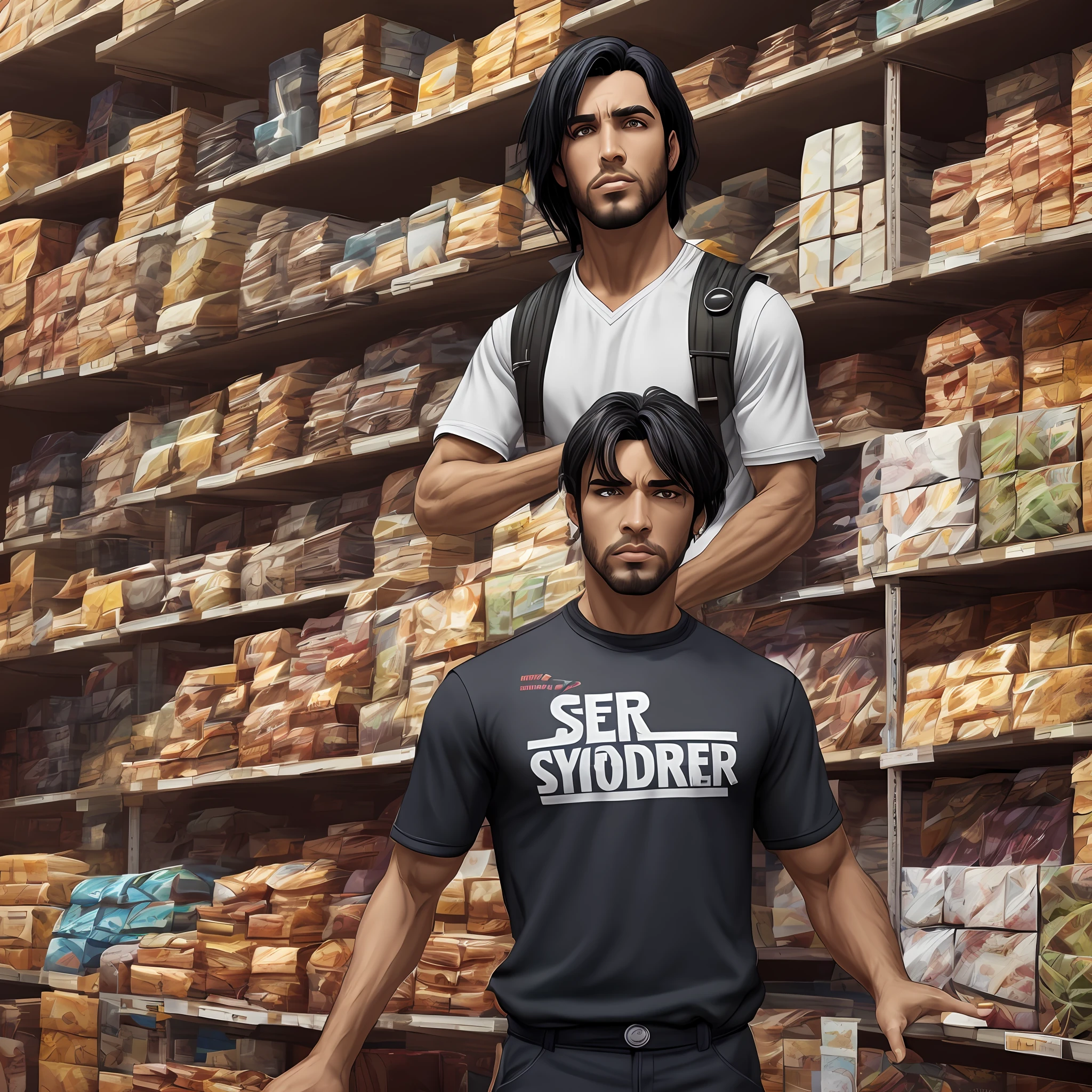 black hair, super detail Personagem, masculino, medium-sized, visto de frente, segurando um letreiro escrito: "vendo isso", como se fosse um vendedor ou comerciante, Surrealism, 8k --auto
