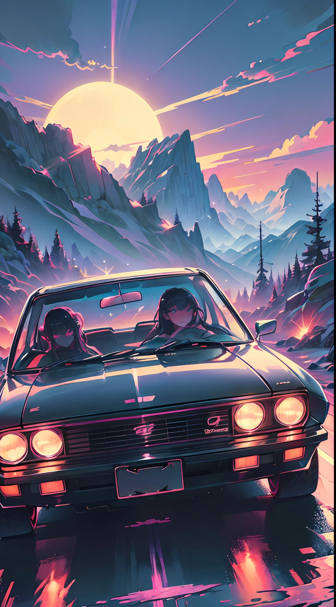 retrowave. city, 1969 Nissan S30, wide body kit, road,  purple neon lights, sun, mountain, 
(masterpiece,detailed,highres),