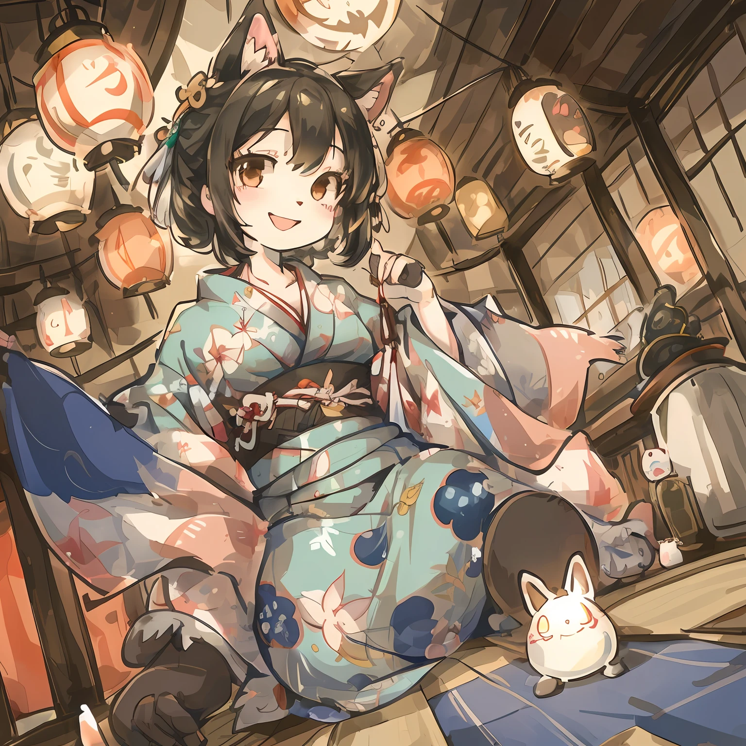 masterpiece, shuimobysim, badashanren, Shukezouma, samurai residence, kimono, katana, tatami mats, lanterns(super cute 1girl, solo, kemono, furry anthro)full body, smile, dynamic angle,