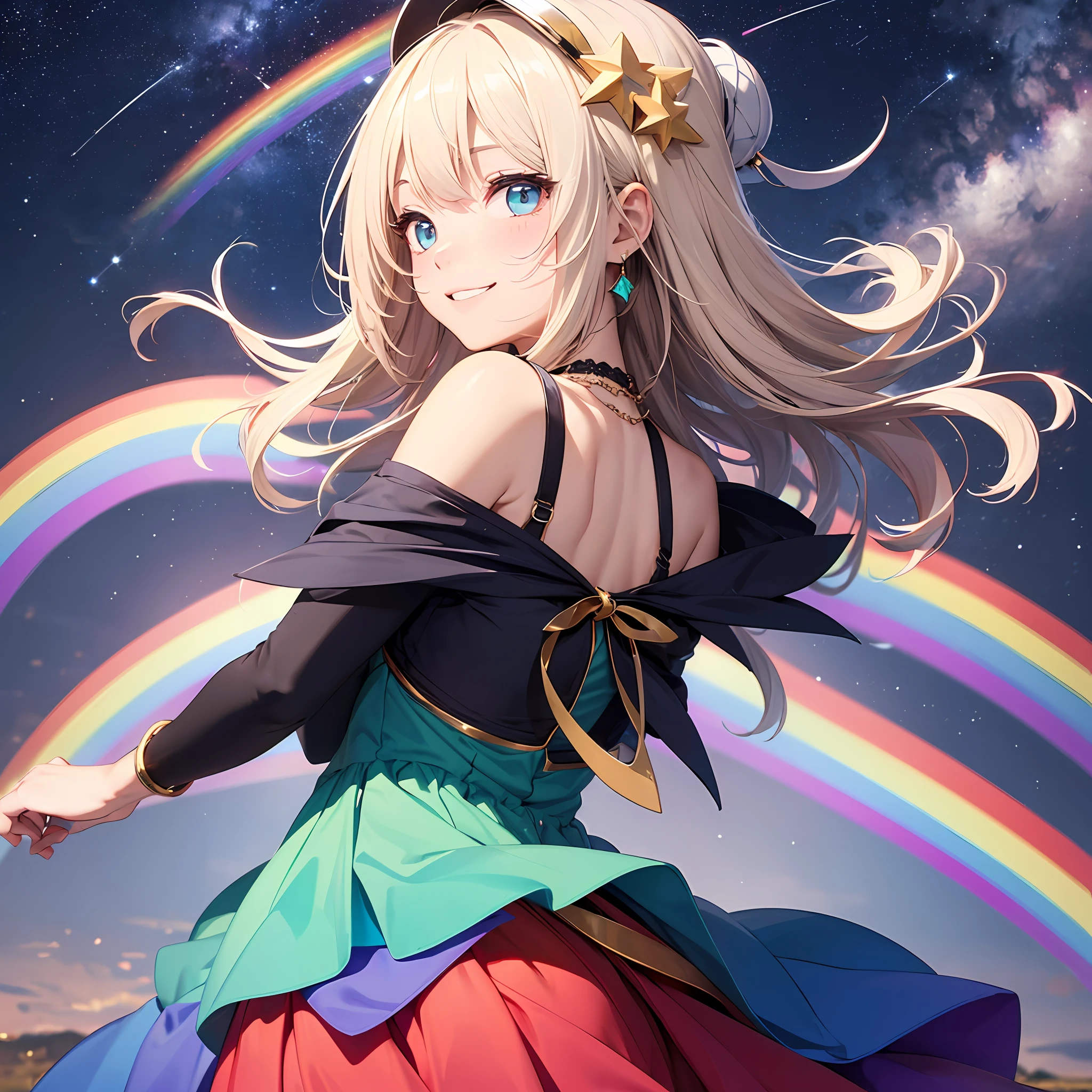 Dark Magician Girl、MKSKS style、独奏、(highly detailed back ground:1.0)、(highly detailed back ground:1.0)、шедевр、beste-Qualit、8K、Blue eyes、Hands folded behind your back、Upper body body、Hair ornament with emerald、Not wearing a hat、Reddish cheeks、Smiling、(1/2 Gray and 1/2 golden hair、Two-tone hair)、(Upper body body)、(Colorful dress with a lot of draping、Rainbow dress:1.3)、Silver necklace、Silver bracelet、Bad hands、bad finger、Missing fingers、Extra fingers、milkyway、night sky full of stars、shooting stars、fullmoon、nights --auto