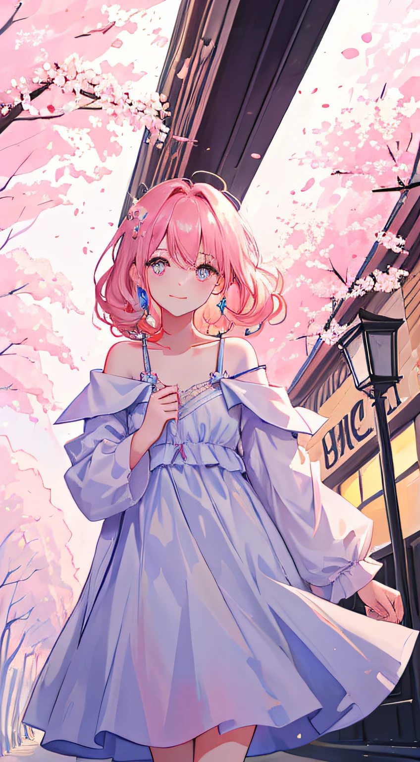 1girl, solo, dynamic angle, Dynamic hair, a masterpiece of, best illustrations, beautiful details eyes, cinematic light, Colorful, shine, ultra detali, Beautiful detailed sky, ldisheveled hair, Glowing white particles, tiny chest, pink_short_hair, Hair with curls, pink_eyes , springtime, are standing, white_off_shoulder_dress, skyward, sun beam, Hair regression, Clothes flow backwards, face as it is, Cherry blossoms fall, sunny clear sky, Walking in the street, Brightness pupils, Character focus, looking looking at viewer, Light smile, Light behind, 耳Nipple Ring，Hair cilp，From the front，Improve hand detail