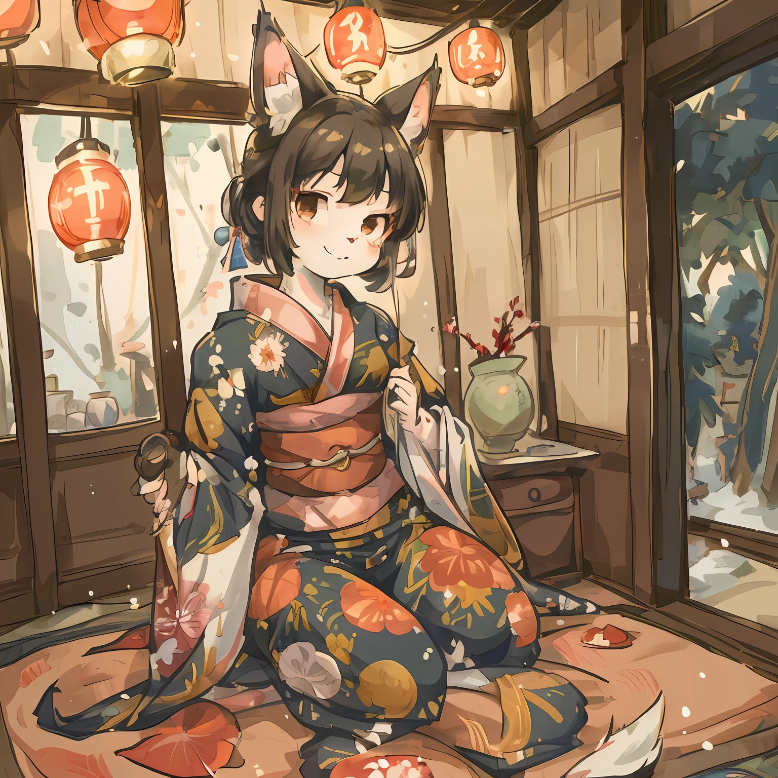 masterpiece, shuimobysim, badashanren, Shukezouma, samurai residence, kimono, katana, tatami mats, lanterns(super cute 1girl, solo, kemono, furry anthro)full body, smile, dynamic angle,