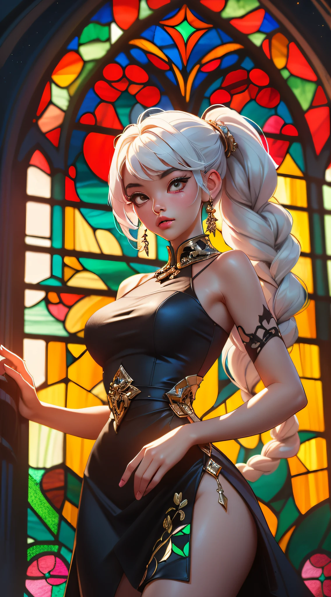 (stained glass dress:1.5), blacklight, (beautiful young Korean woman, with white hair in a braided ponytail, dynamic pose, nighttime, dramatic lighting, star-filled sky:1), photorealistic, photorealism, 8k, RAW photo, highest quality, masterpiece, ultra-high resolution, physics-based rendering, best shadow, best illustration,