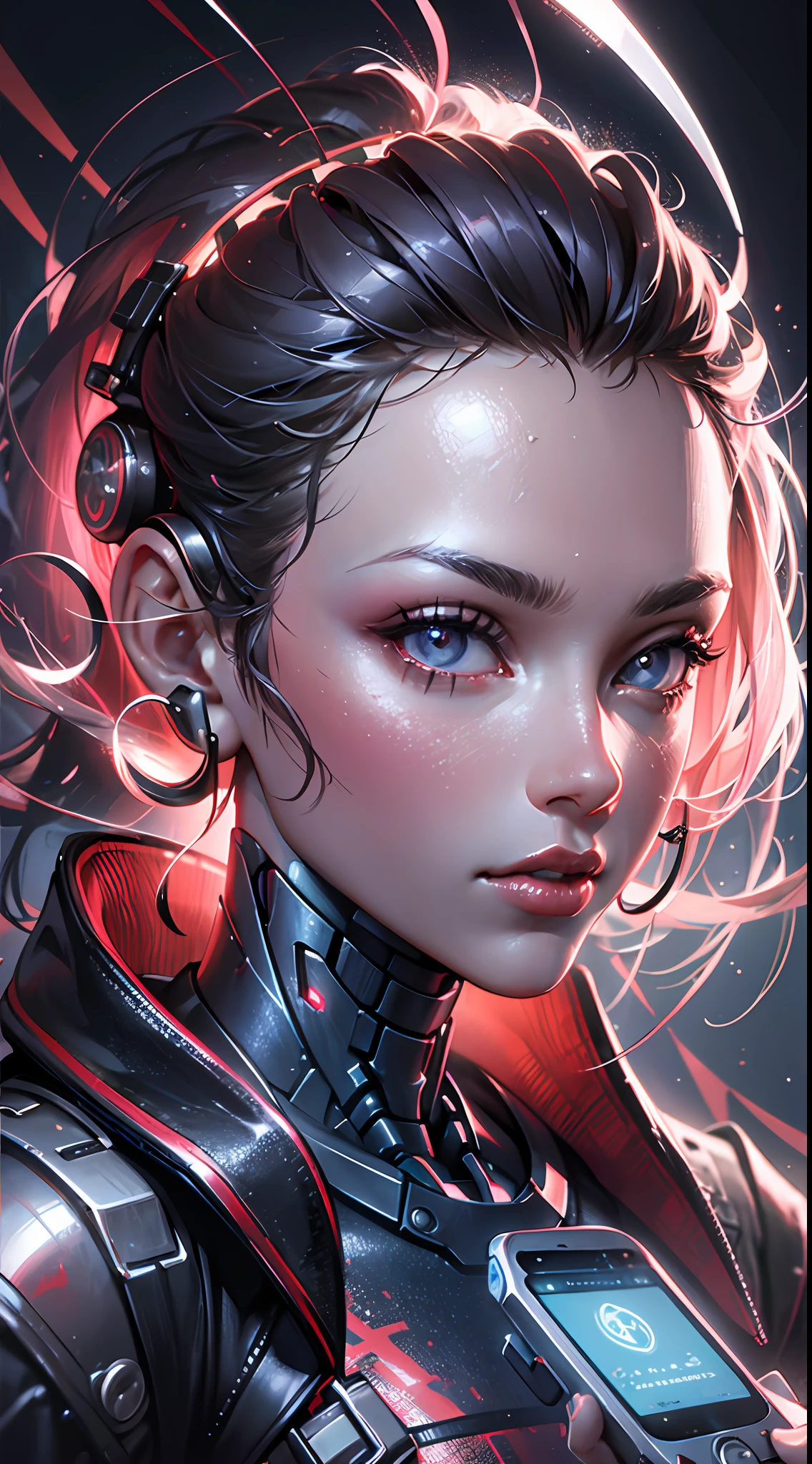 Awesome digital painting (cybernetic cell phone), art station, detailed, intricate, matte, digital art, hd, 8k, beautiful, high quality, portrait, cyborg, cinematic 8k