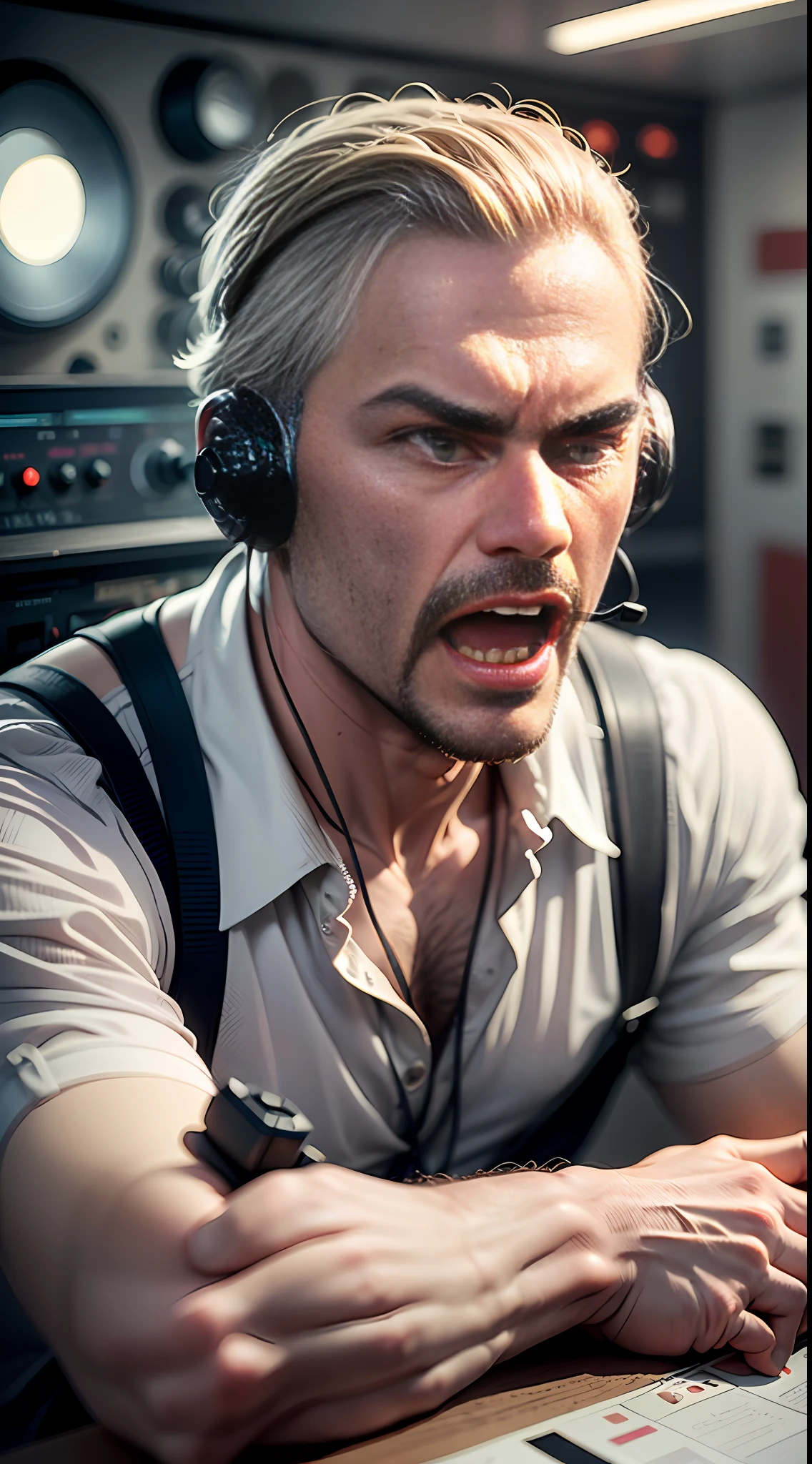 man in his 30s, cruise ship radio operator from 1910s, yelling, intimidating, angry look, frowning, ship room, sitting, he is screaming, talking on radio, cinematic lighting, UHD, masterpiece, textured skin, super detail, anatomically correct