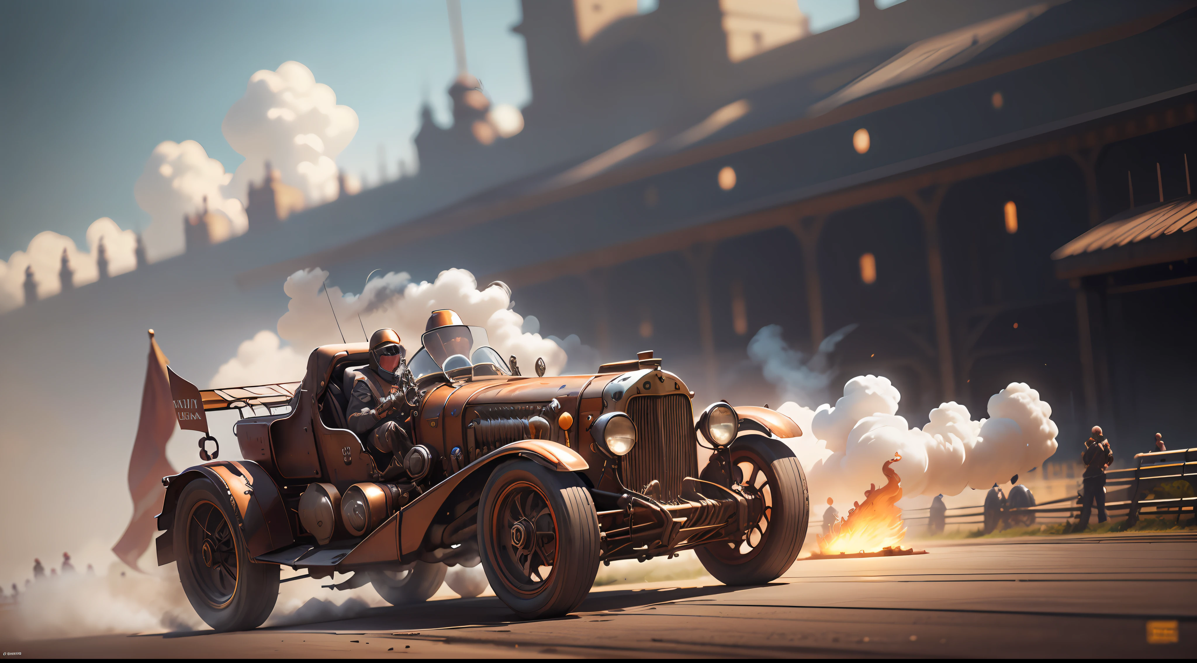 ((Masterpiece, Best Quality, Realism, Best Shadows, Refinement, RAW, Ultra High Resolution, Hyper-Realistic Art, Gallery-Grade Works, Official Art, Wallpaper Forced, 64k,, Super Precision, Visual Impact, Sublime Masterpiece, Peak Clarity)), On a steampunk racing track, a racer dressed in a full mecha racing suit is driving a huge steam racing car with a blue steam tail flame above the car, and the surrounding spectators cheer, while the track is decorated with various mechanical devices and neon lights