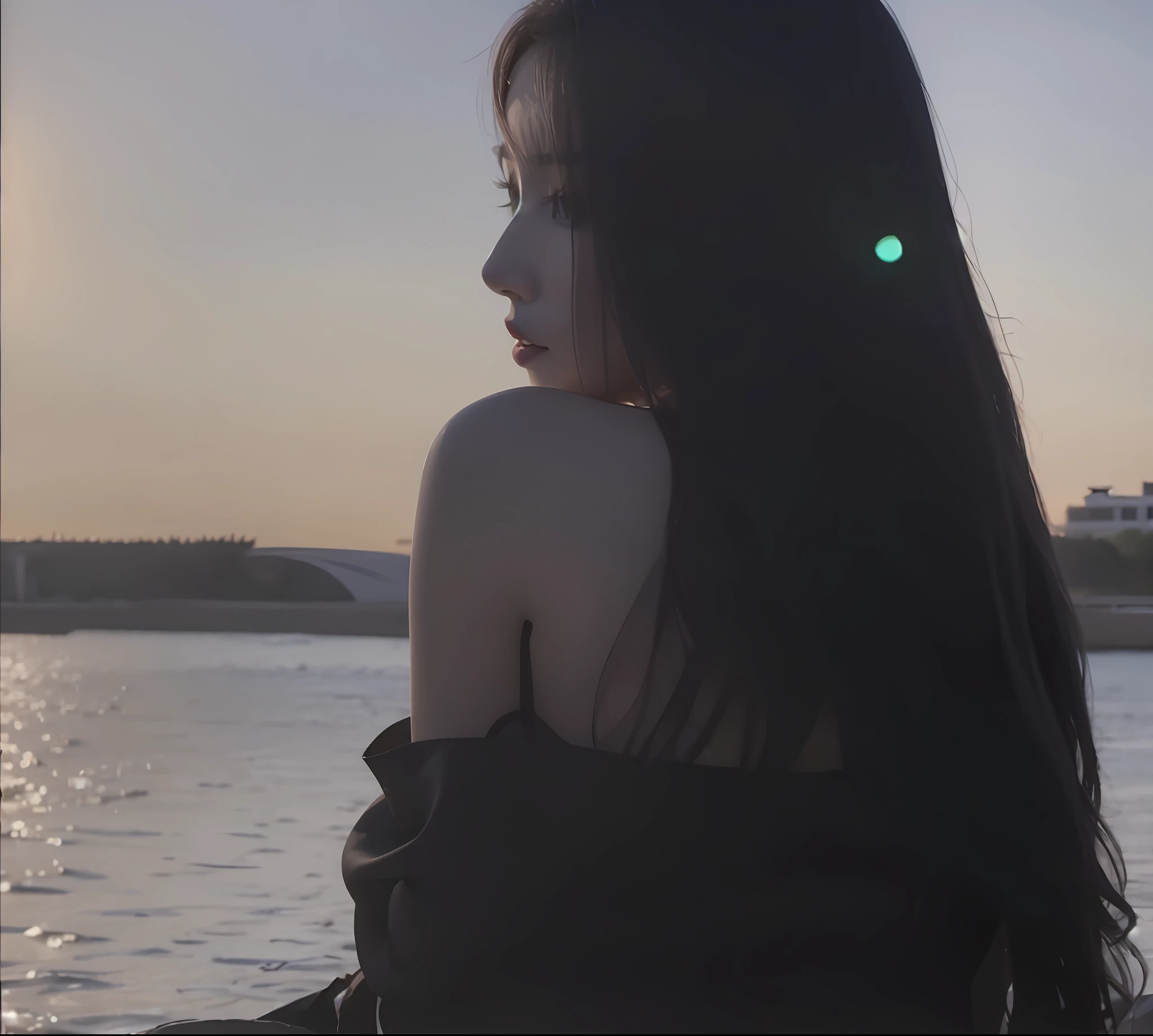 there is a woman that is sitting on a rock by the water, With sunset, with a sunset, calm evening. over shoulder shot, Urzan, watching the sunset, soft light from the side, photo still of behind view, looking out at a sunset, jisoo from blackpink, cruel korean goth girl, 8K 50mm ISO 10, girl watching sunset