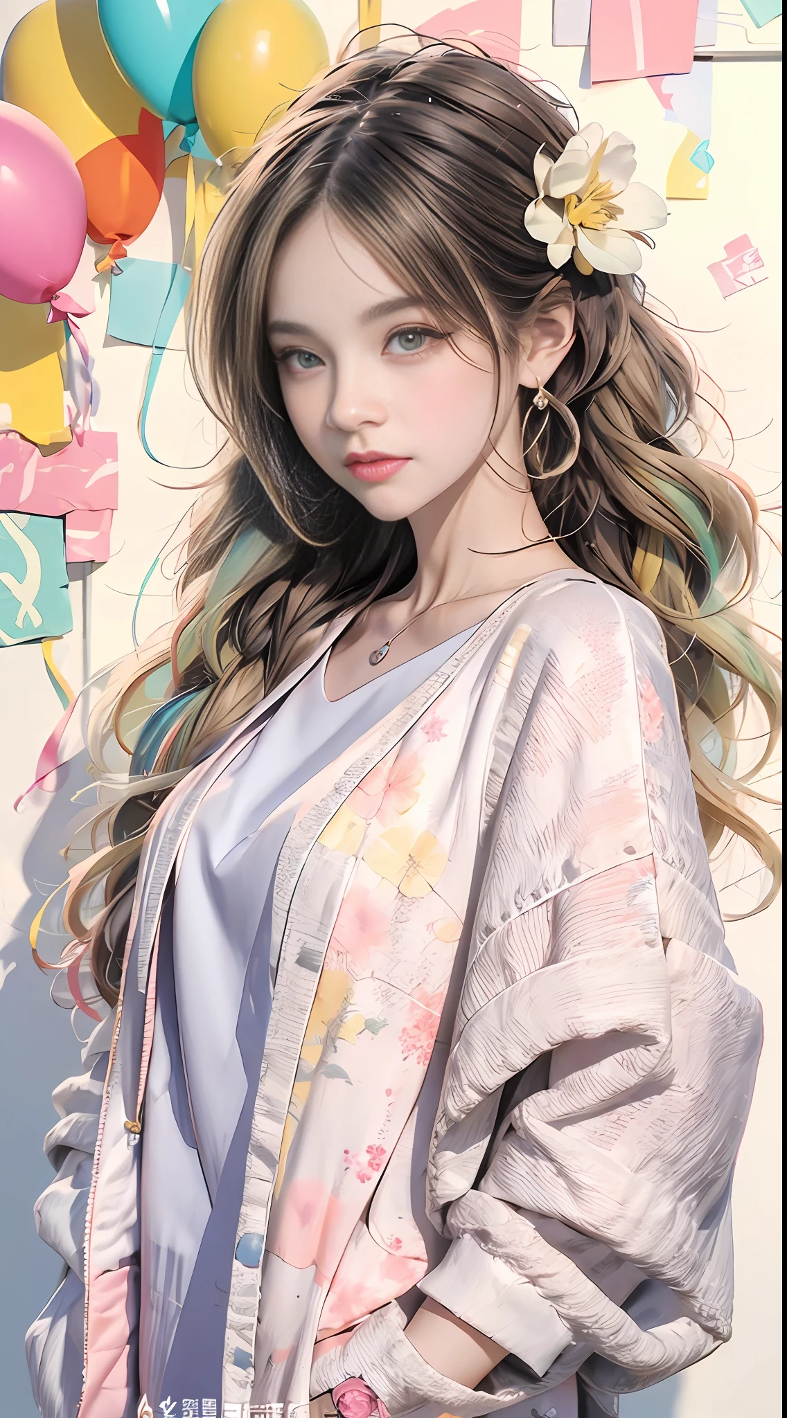 Loli Girl,A pair of peach blossom eyes,prettyandcute,flower ring,Yellow jacket,White sweatshirt,Lots of colored bubbles,Royal sister face,chibiStyle,There are collarbones,White extra long hair,perfectdetaileyes,Perfect for hand fingers,Delicate face,perfectcg,4k画质,Colorful balloons,skyward,Colorful oil pastels