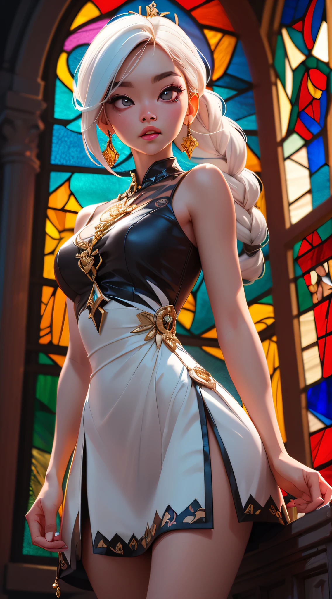 (stained glass dress:1.5), blacklight, (beautiful young Korean woman, with white hair in a braided ponytail, dynamic pose, nighttime, dramatic lighting, star-filled sky:1), photorealistic, photorealism, 8k, RAW photo, highest quality, masterpiece, ultra-high resolution, physics-based rendering, best shadow, best illustration,