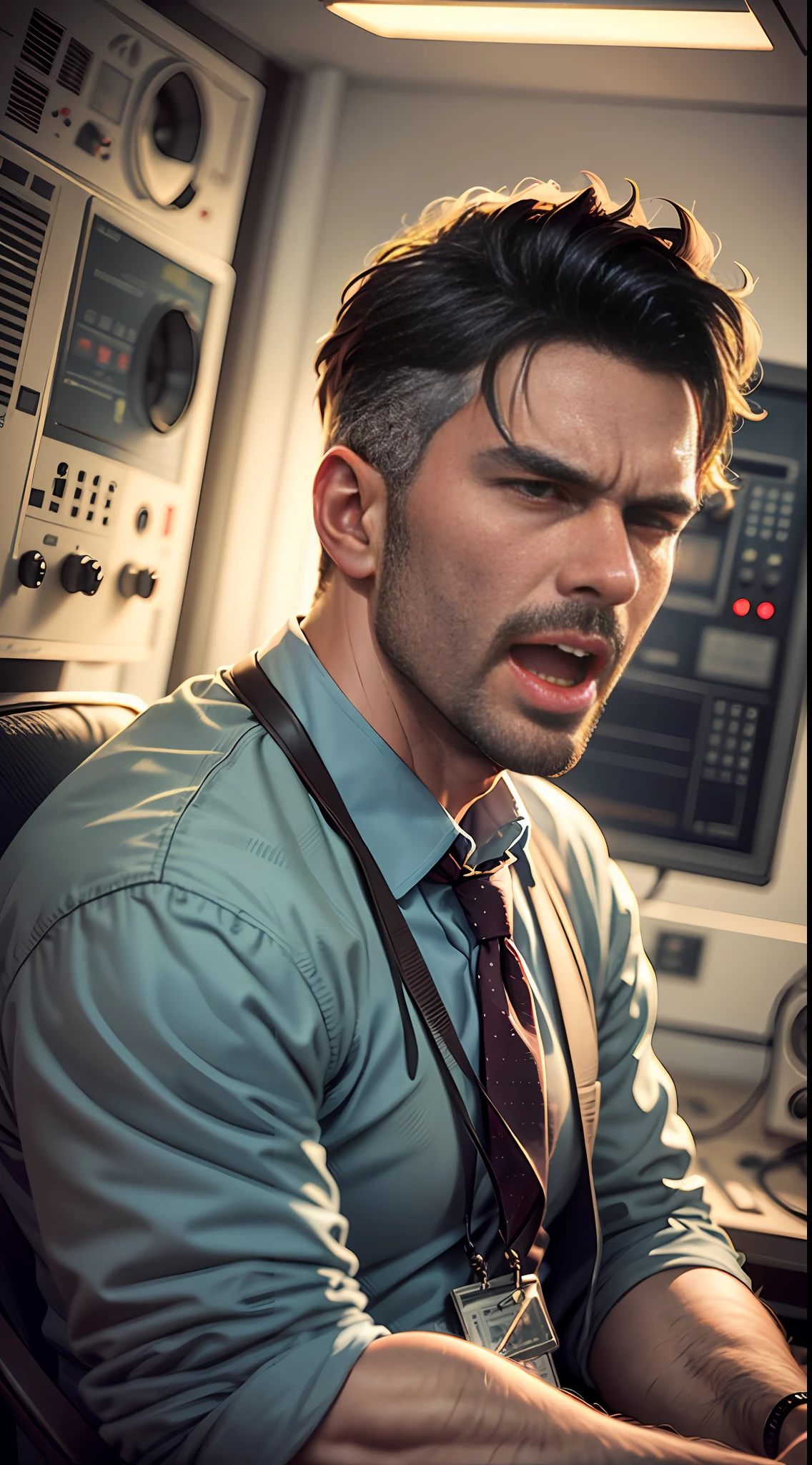 man in his 30s, cruise ship radio operator from 1910s, yelling, intimidating, angry look, frowning, ship room, sitting, he is screaming, talking on radio, cinematic lighting, UHD, masterpiece, textured skin, super detail, anatomically correct