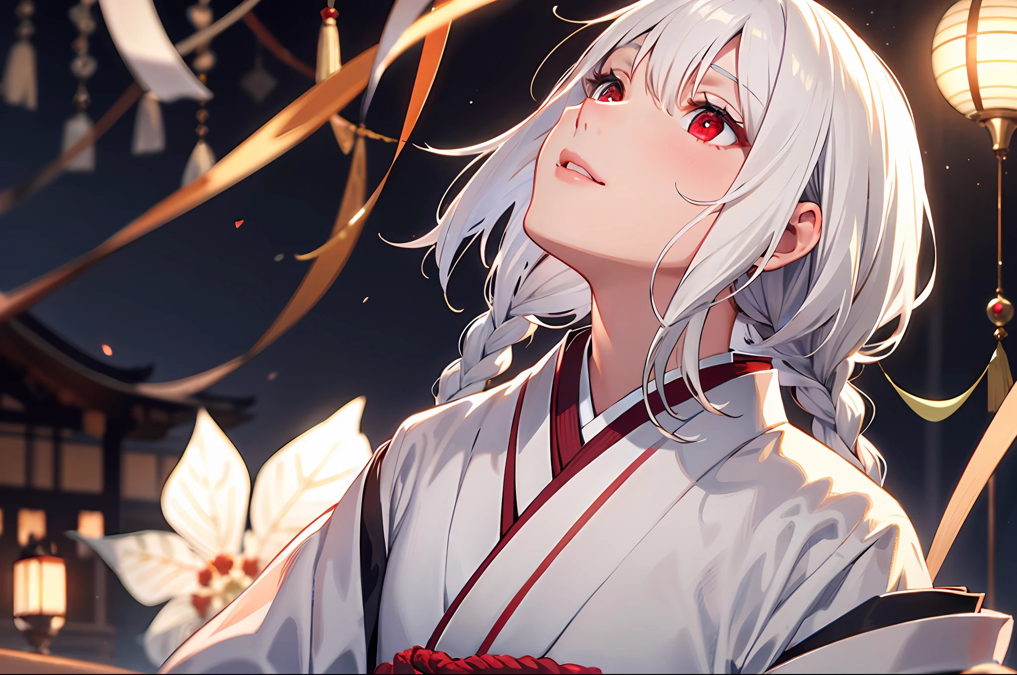 best quality, masterpiece,white hair, red eyes,white clothes, looking up, upper body,hair strand,Fair skin,side braids,kimono