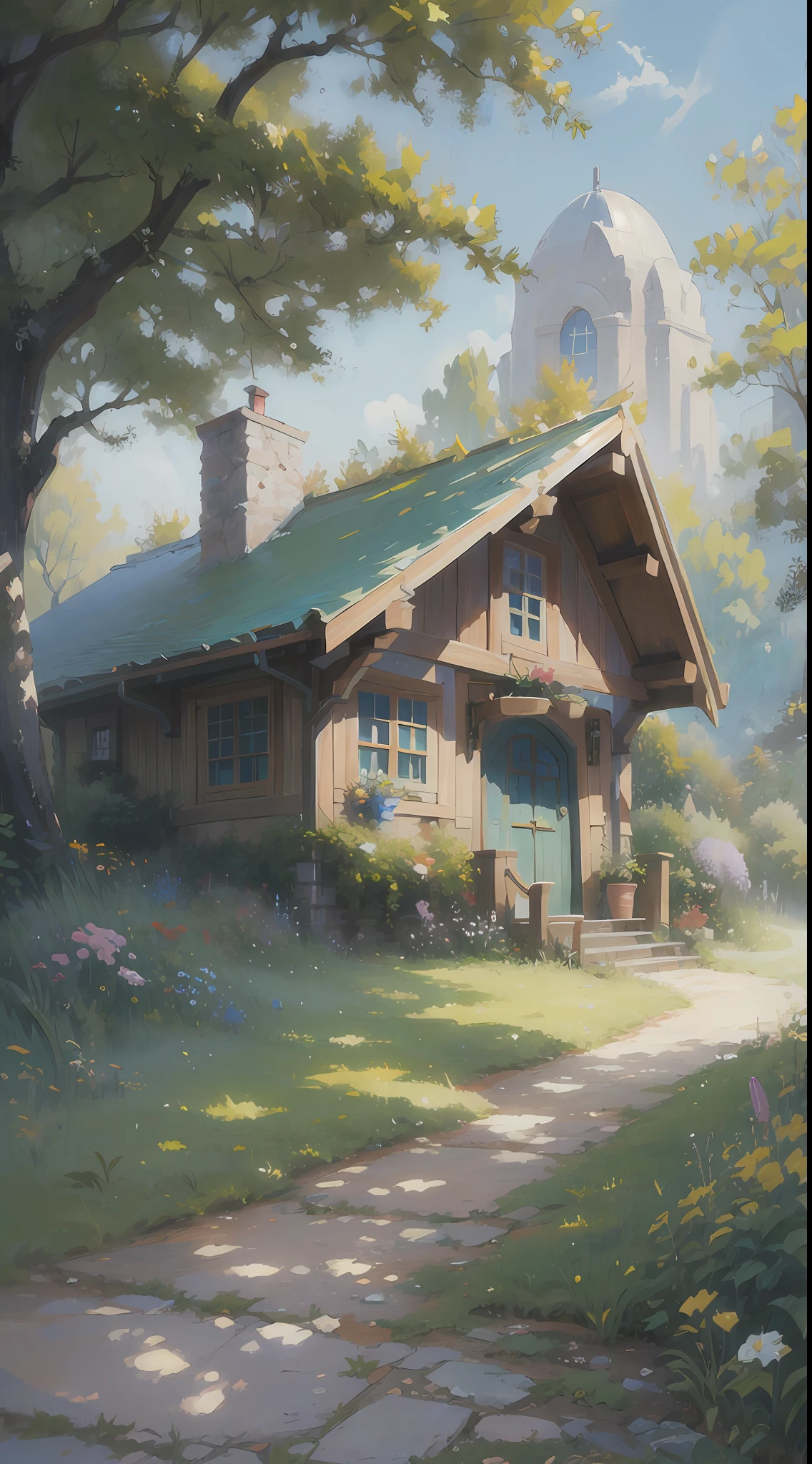 Realistic, real life, beautiful hobbit house on the hill, Laurie Graceley style, studio ghibli, akira toriyama, james gilard, genshin influence, popular pixiv fanbox , acrylic palette knife, 4k, vibrant colors, devinart, trends on artstation --v6