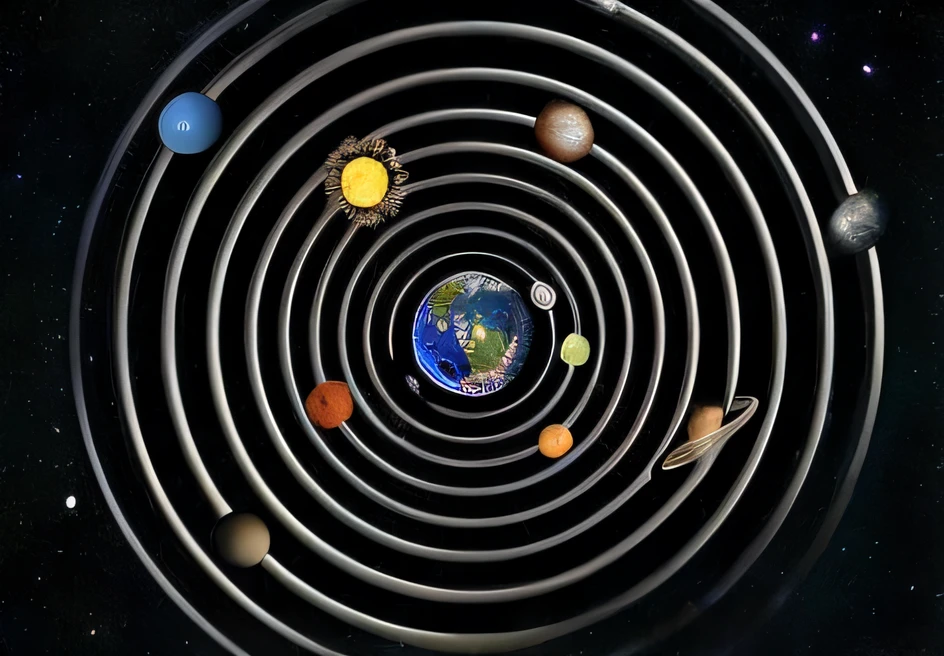 um close up de uma espiral com planetas e sol no meio, planets orbit, sistema solar, liminal space in outer space!!!, Sistema solar coberto, galaxy orbit system, Planets in orbit, cosmologia, planetas se alinham, humanity like cosmic structure, circular planet behind it, centro do universo, astronomia, Cosmologia Oculta Antediluviana