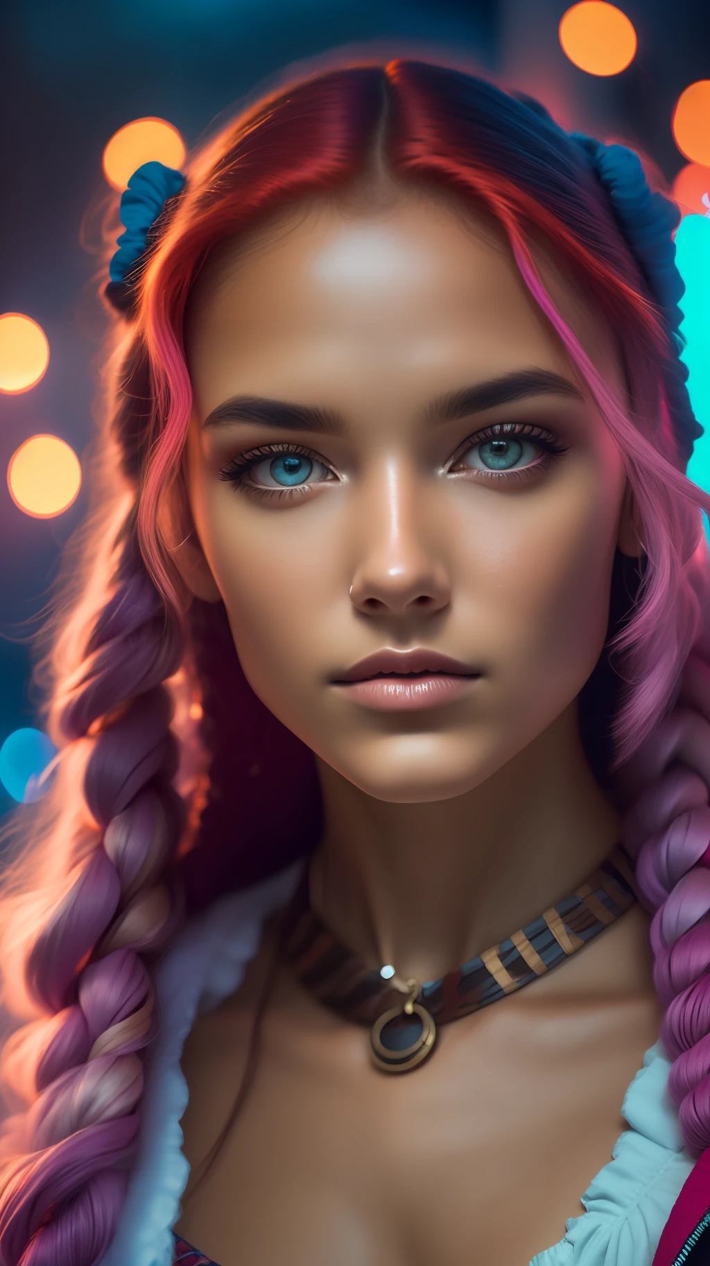 (foto 8k RAW)Rosto de *****************  ,with braids and fringe,ruiva com sardas e manchas na pele, olhos castanhos escuro,OLHANDO PARA CAMERA, top down angle,boca pequena carnuda,pela suada, fundo de cidade a noite neon com detalhes, cinematic photo WITH DETAILS