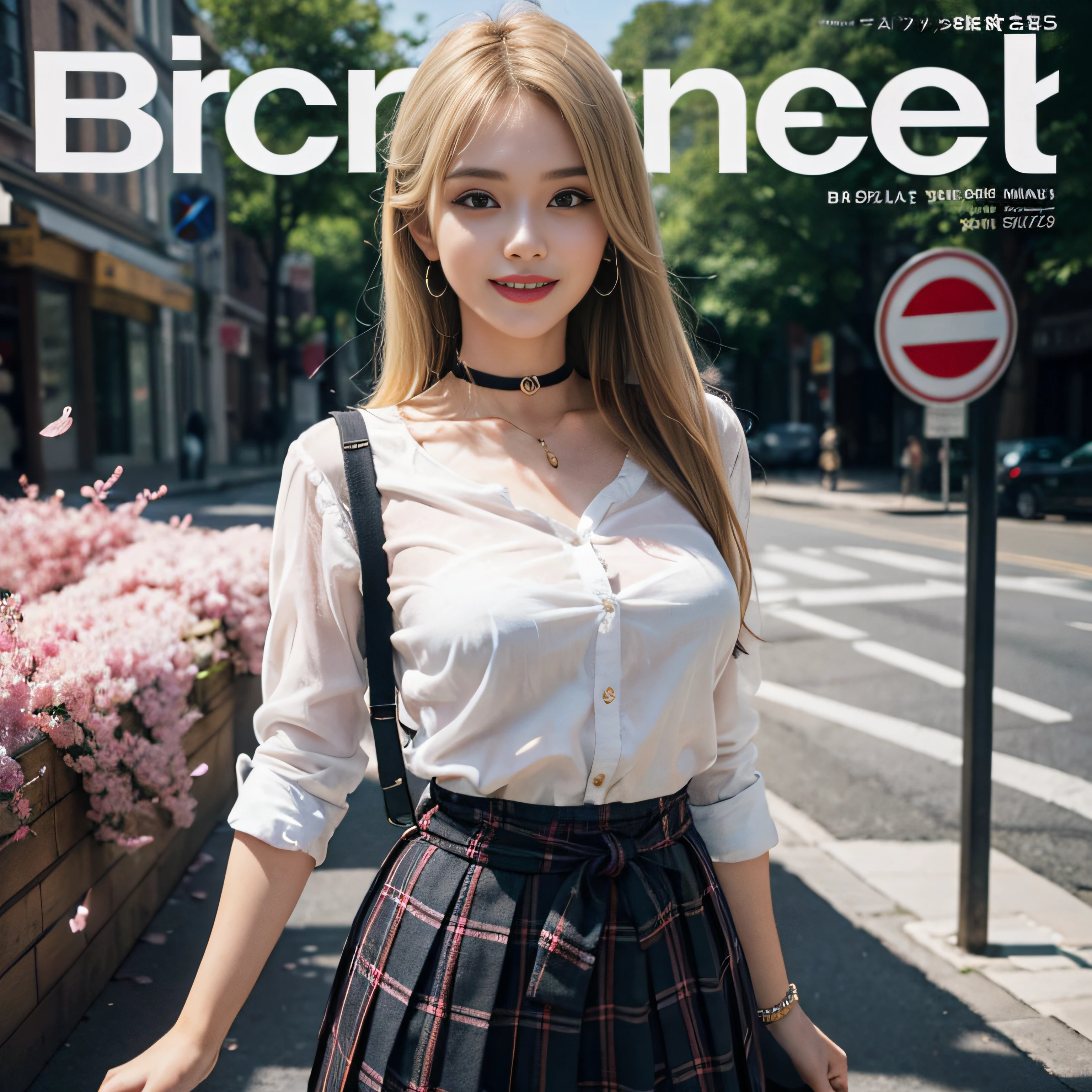 masterpiece, best quality, full body, 1girl, bangs, black choker, black necktie, blonde hair, blue skirt, blush, bracelet, breasts, choker, clothes around waist, collarbone, collared shirt, cowboy shot, dress shirt, ear piercing, eyebrows visible through hair, gradient hair, grin, gyaru, jewelry, kogal, long hair, looking at viewer, loose necktie, necktie, piercing, plaid, plaid skirt, pleated skirt, red eyes, ring, school uniform, shirt, skirt, smile, solo, white shirt, street, sky, cherry blossoms, petals,illustration, (magazine:1.3), (cover-style:1.3), fashionable, woman, vibrant, outfit, posing, front, colorful, dynamic, background, elements, confident, expression, holding, statement, accessory, majestic, coiled, around, touch, scene, text, cover, bold, attention-grabbing, title, stylish, font, catchy, headline, larger, striking, modern, trendy, focus, fashion,