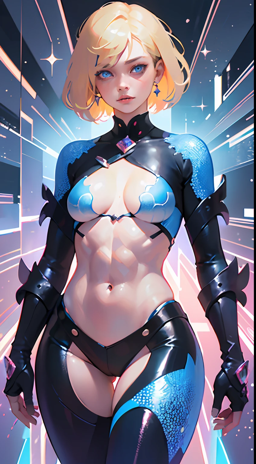 Realistic, (Masterpiece, Top Quality, Best Quality, Official Art, Beauty and Aesthetics: 1.2), Very Detailed, Fractal Art, Colorful, Most Detailed, Zentangle, (Abstract Background: 1.5) (1girl), God, Blonde Hair, Short Hair, (Glowing Blue Eyes), Pectals, Abs, Mysterious, (Magic), Crystal