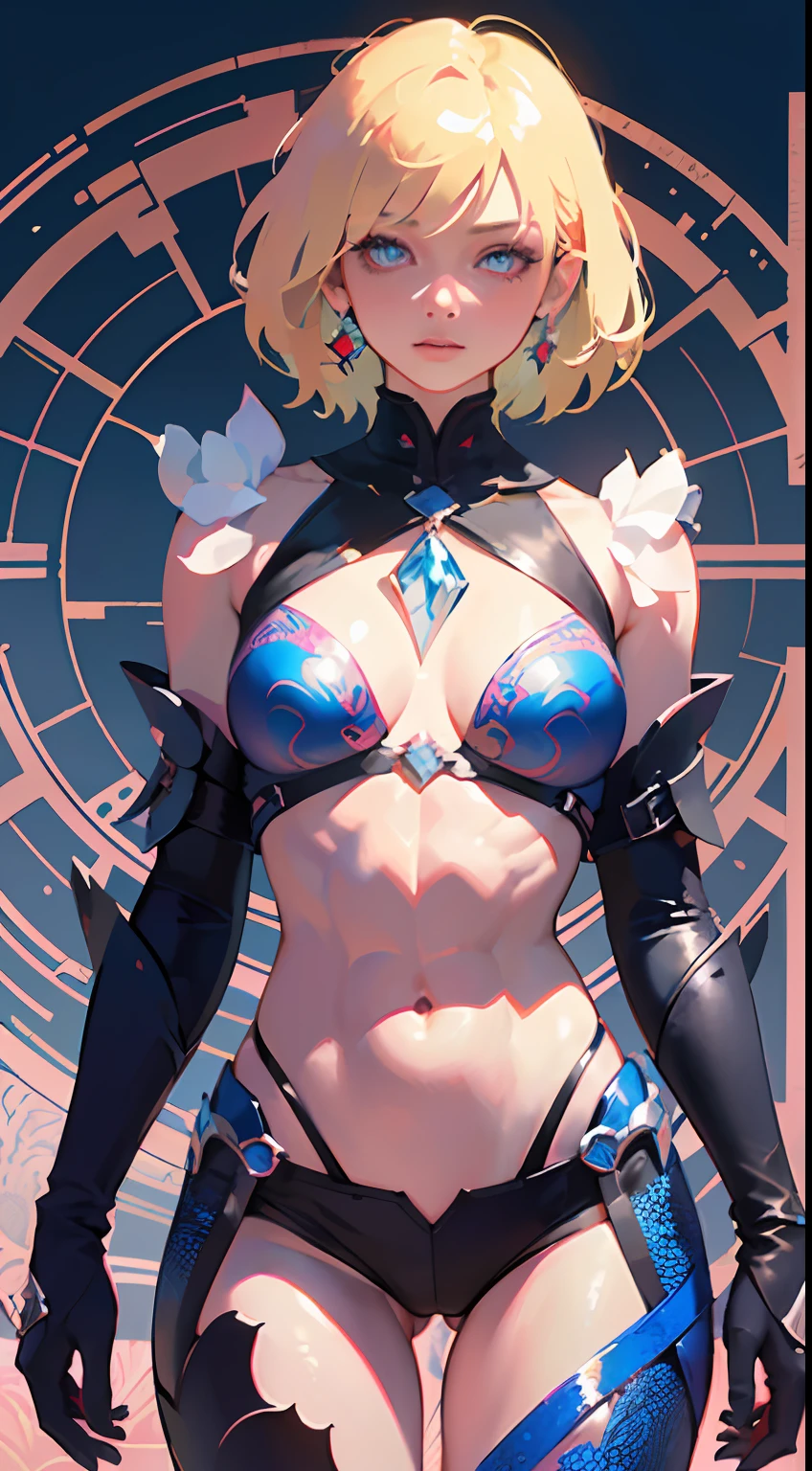 Realistic, (Masterpiece, Top Quality, Best Quality, Official Art, Beauty and Aesthetics: 1.2), Very Detailed, Fractal Art, Colorful, Most Detailed, Zentangle, (Abstract Background: 1.5) (1girl), God, Blonde Hair, Short Hair, (Glowing Blue Eyes), Pectals, Abs, Mysterious, (Magic), Crystal