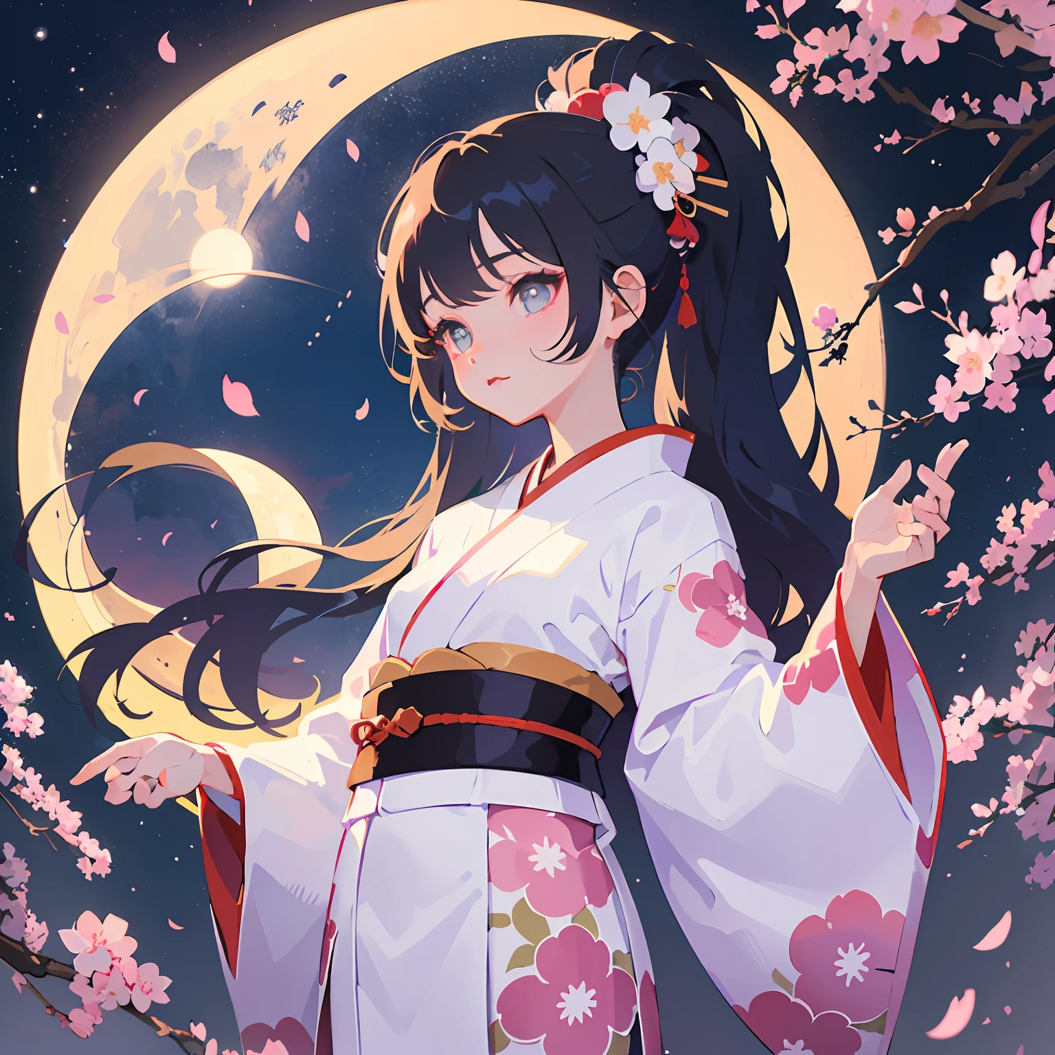 1 sticker, sticker, nikkaze, (cute girl), (gorgeous kimono), (gorgeous hair accessory), (Japanese traditional hairstyle), cherry blossoms, clouds, behind is a huge round moon, stars, white background, no background, simple background, minimal, cute, tiny, pastel color, vector style, no gradient,solo